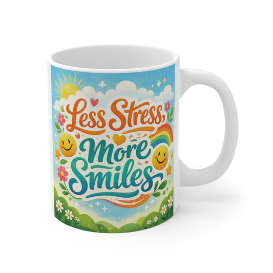 11oz ceramic coffee mug featuring the inspirational quote "Less Stress More Smiles" with colorful rainbow, flowers, and smiley face design.