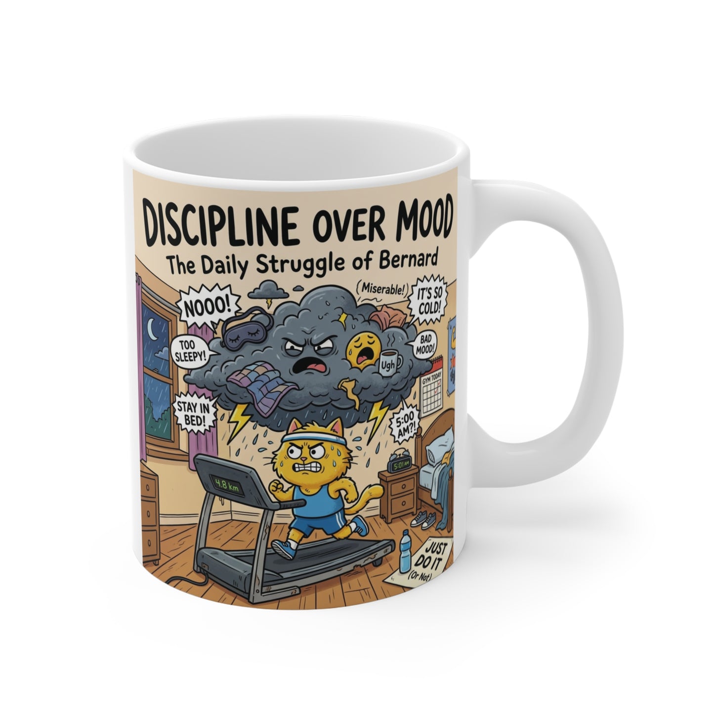 Funny Discipline Over Mood 11oz ceramic mug featuring a motivational workout cat running on a treadmill with productivity-themed cartoon artwork.
