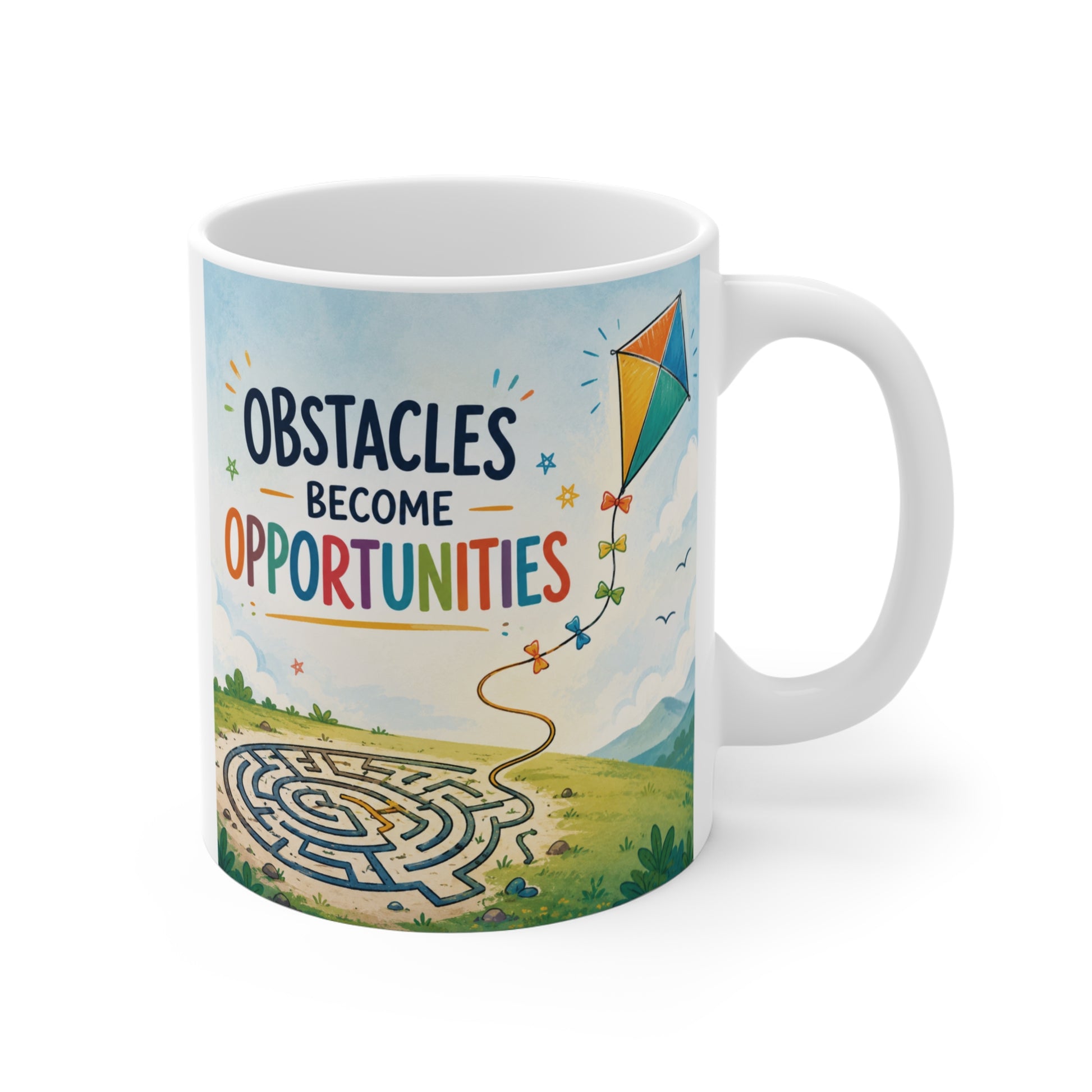 Inspirational 11oz ceramic coffee mug featuring the quote "Obstacles Become Opportunities" with a colorful maze and kite illustration symbolizing growth, resilience, and success.