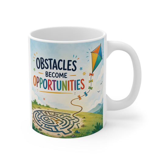 Inspirational 11oz ceramic coffee mug featuring the quote "Obstacles Become Opportunities" with a colorful maze and kite illustration symbolizing growth, resilience, and success.