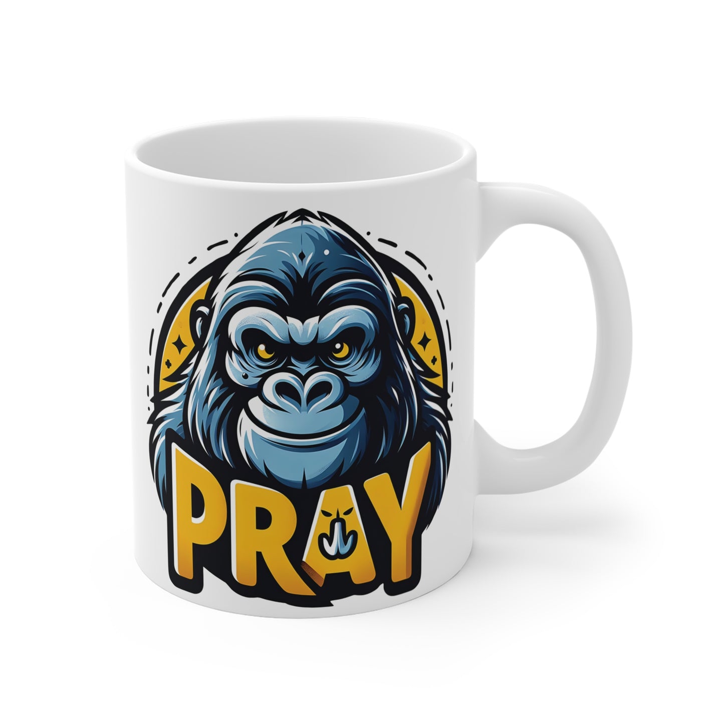 Pray Gorilla Mug 11oz White Ceramic Coffee Cup with Blue Gorilla Illustration and Bold Typography Design