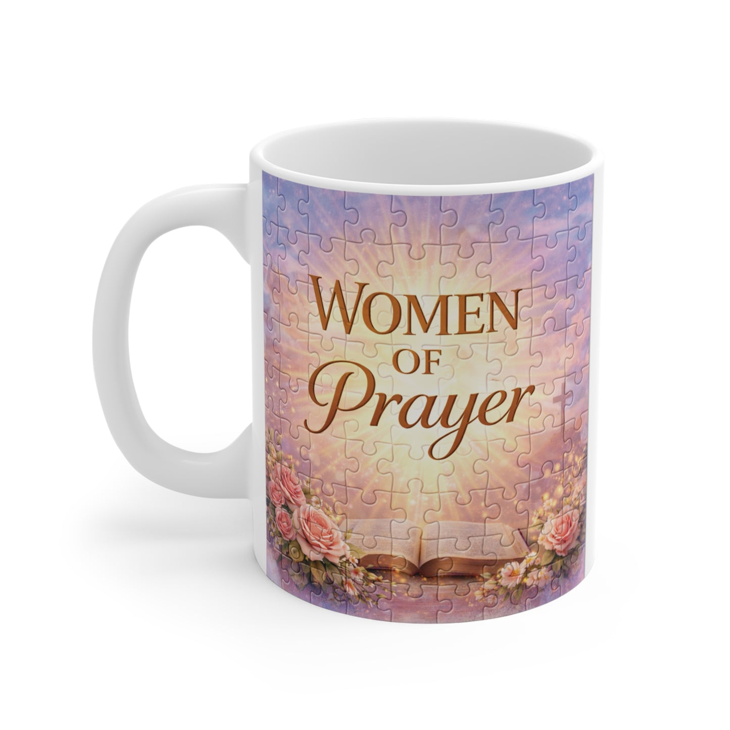 Inspirational Women of Prayer faith coffee mug featuring open Bible, flowers, and glowing religious design