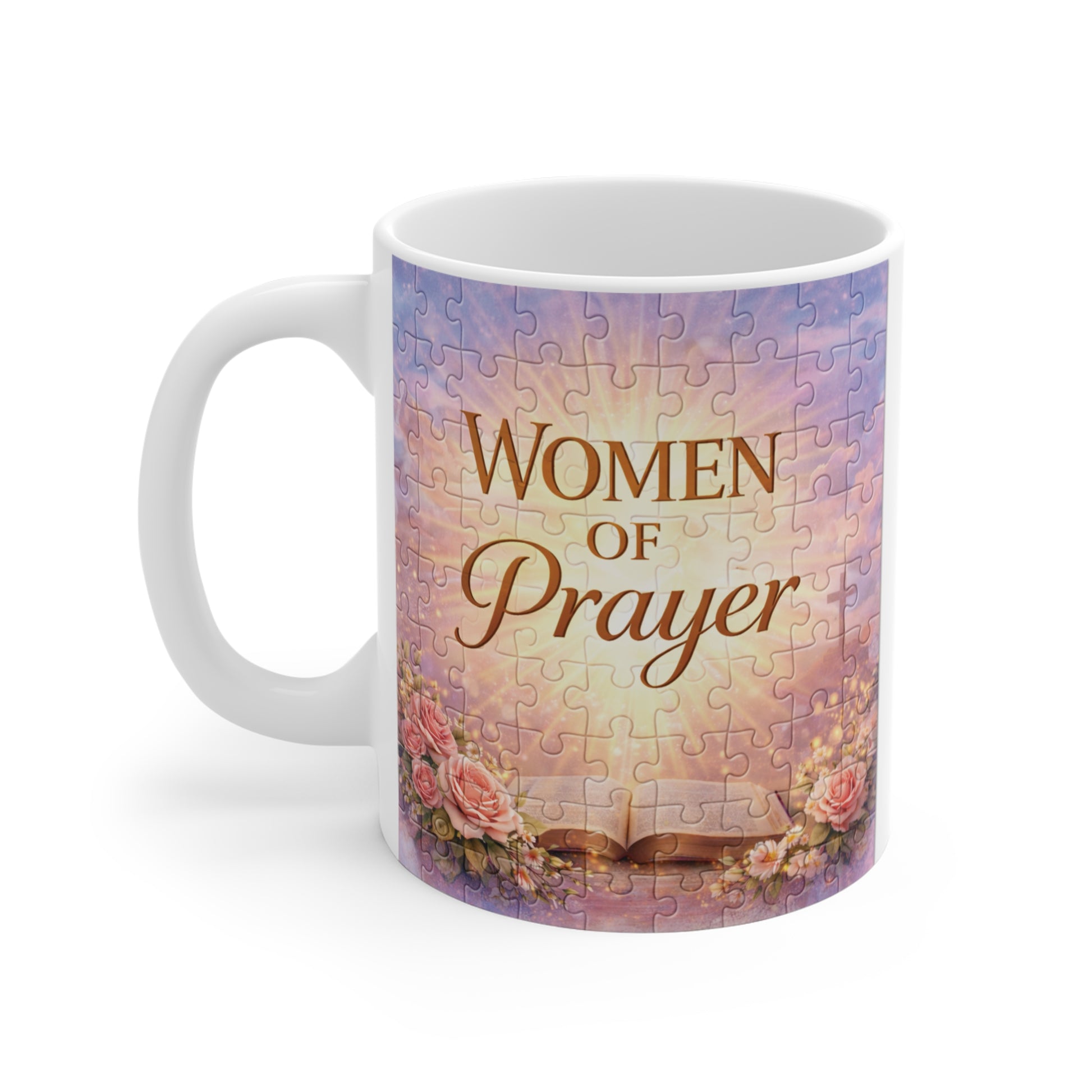 Inspirational Women of Prayer faith coffee mug featuring open Bible, flowers, and glowing religious design