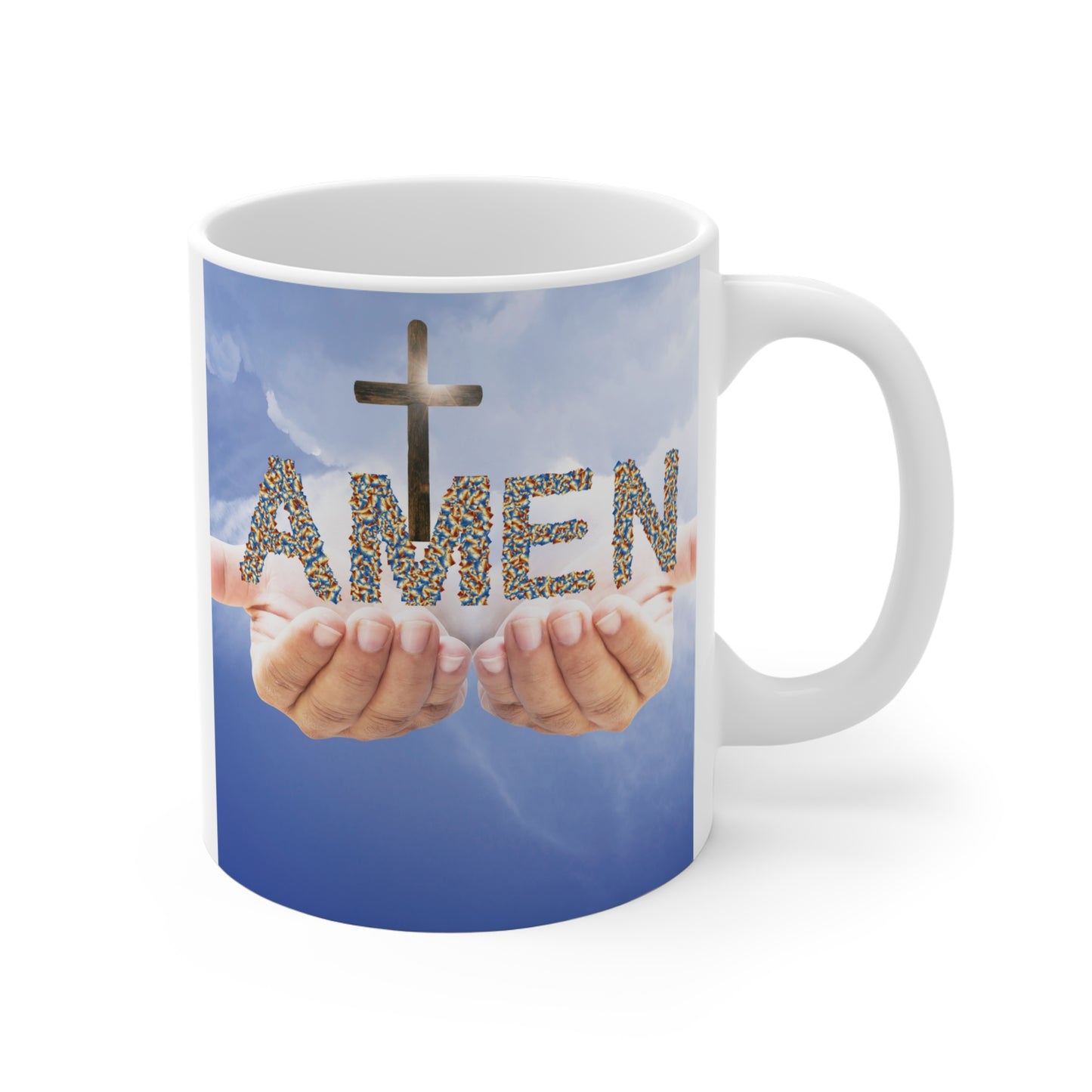Faith-based coffee mug featuring cross above hands holding “Amen” text, inspirational Christian gift