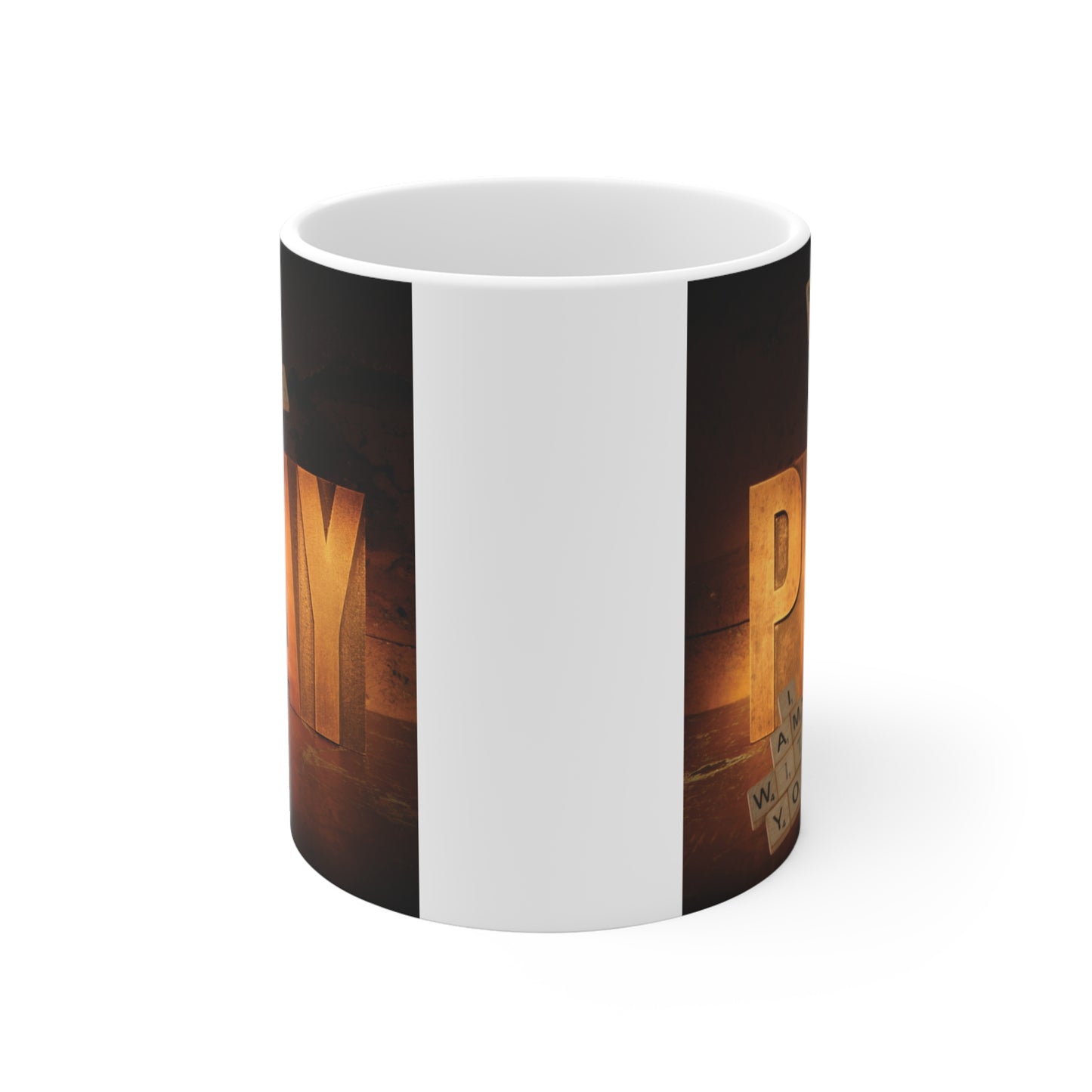 Religious coffee mug featuring bold “Pray” text and motivational Bible-inspired quote design