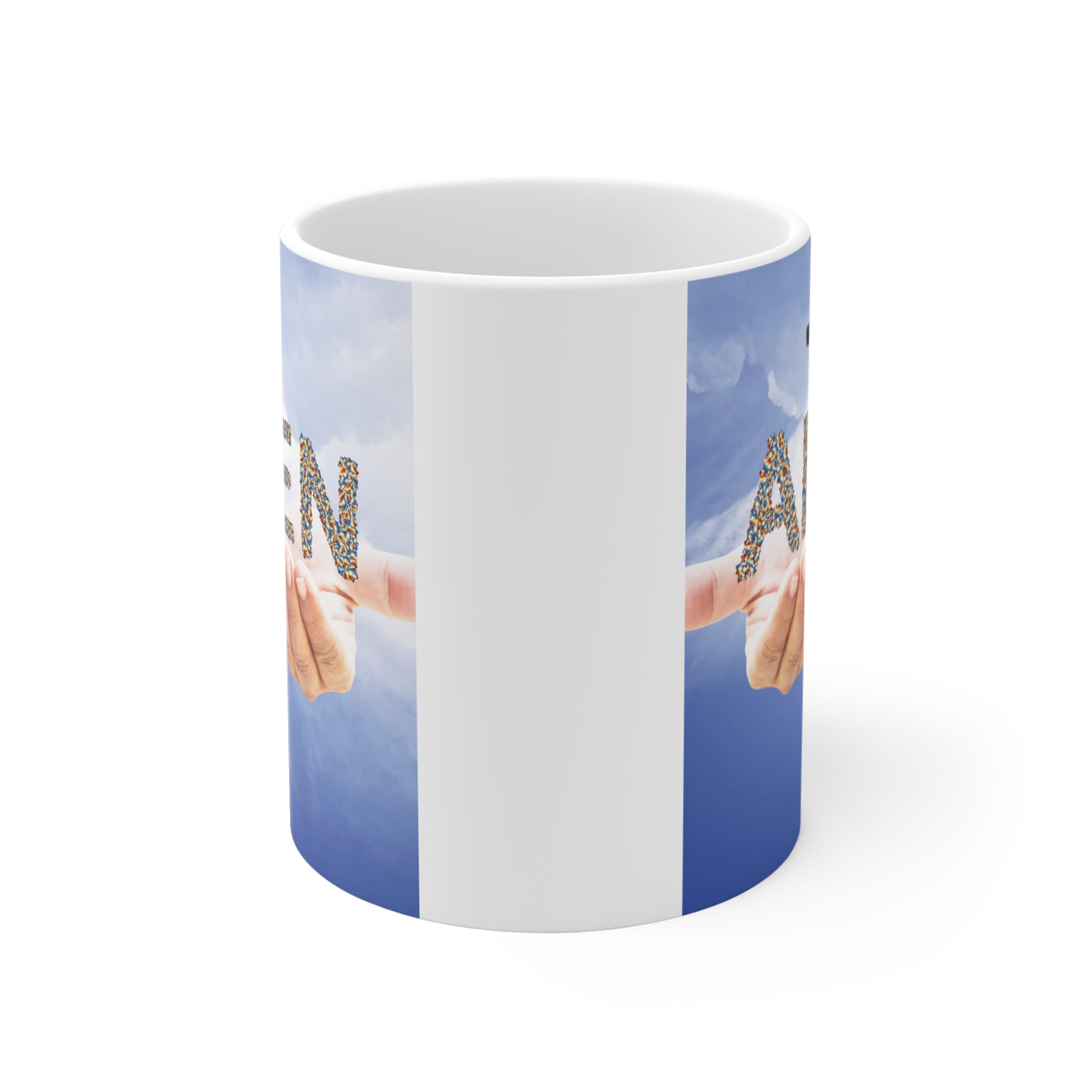 Spiritual mug with cross, open hands, and Amen lettering, religious gift for believers and churchgoers