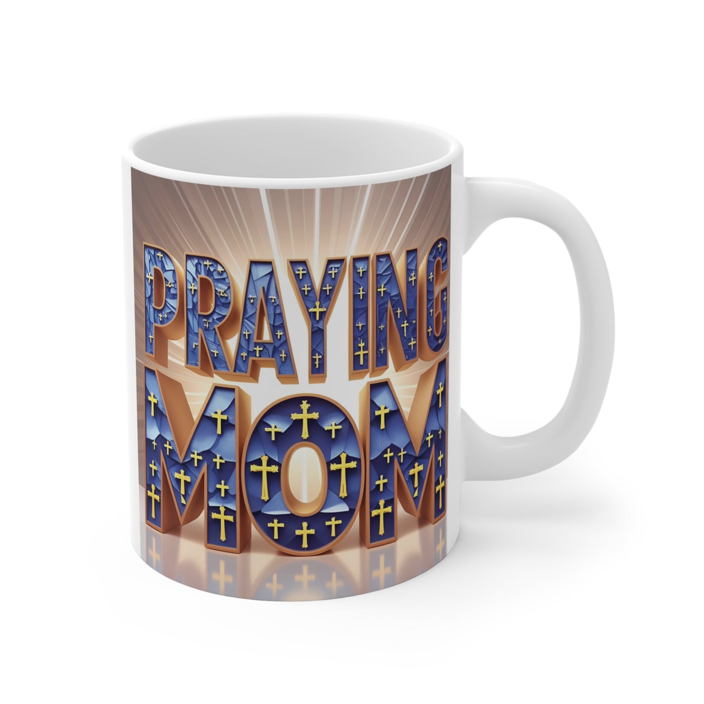 Praying Mom 11oz coffee mug with Christian cross design and inspirational faith message