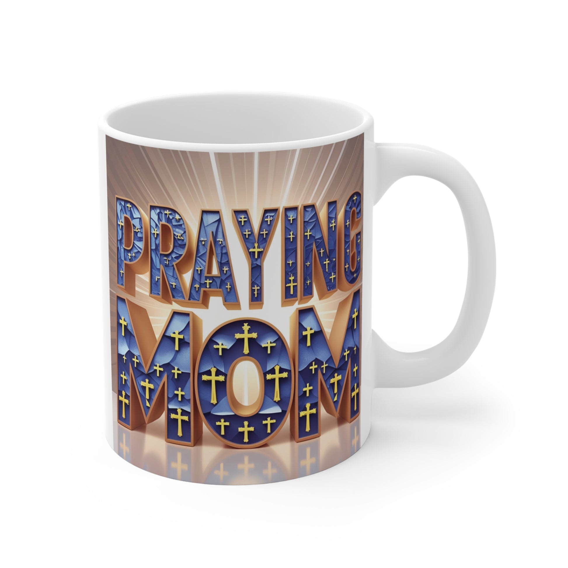 Praying Mom 11oz coffee mug with Christian cross design and inspirational faith message