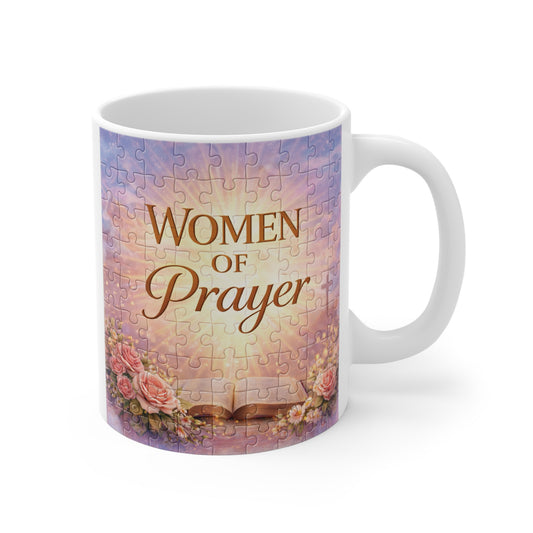 Women of Prayer Christian mug design with floral roses, Bible artwork, and golden text on puzzle background