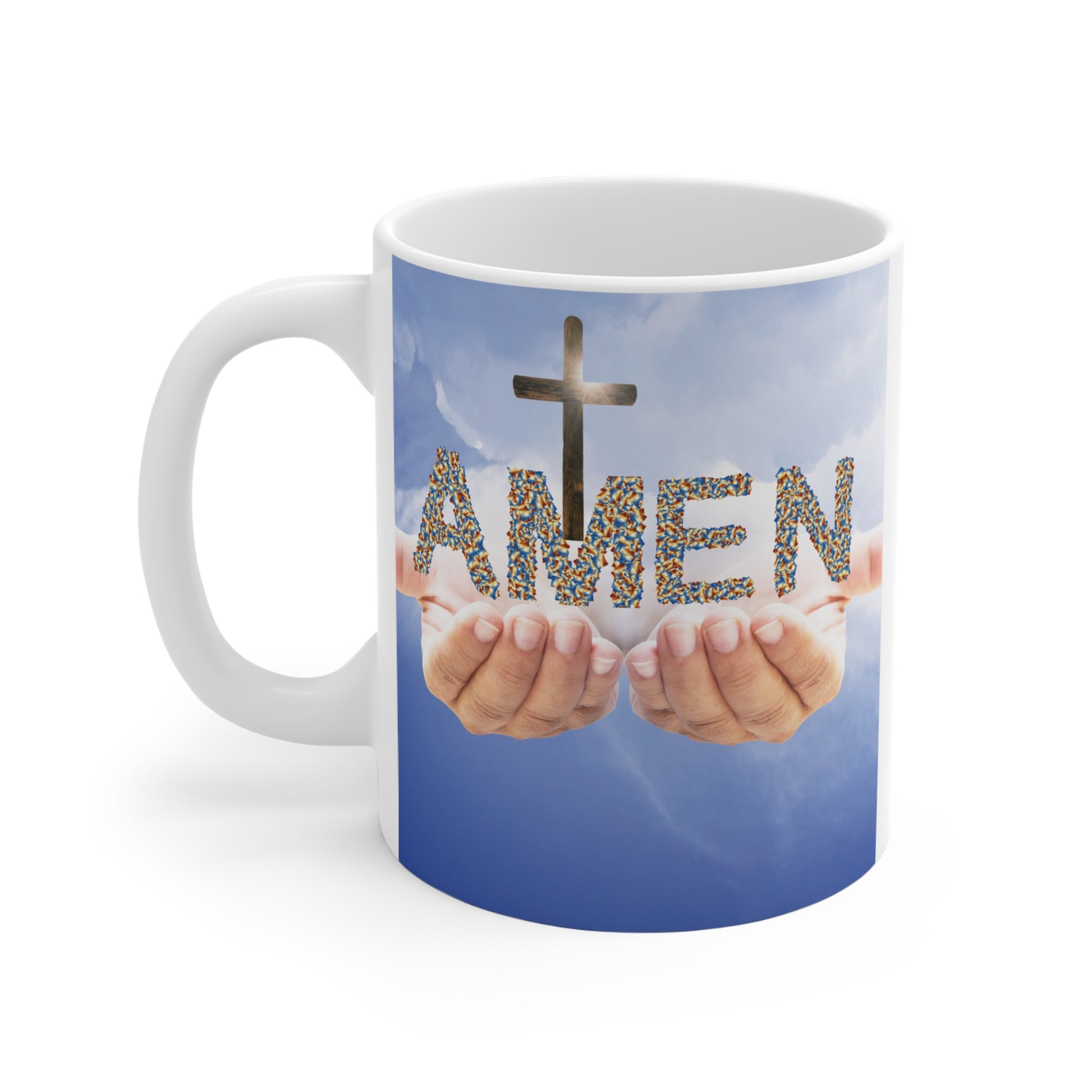 Christian Amen mug with cross and praying hands, religious faith coffee mug with sky background