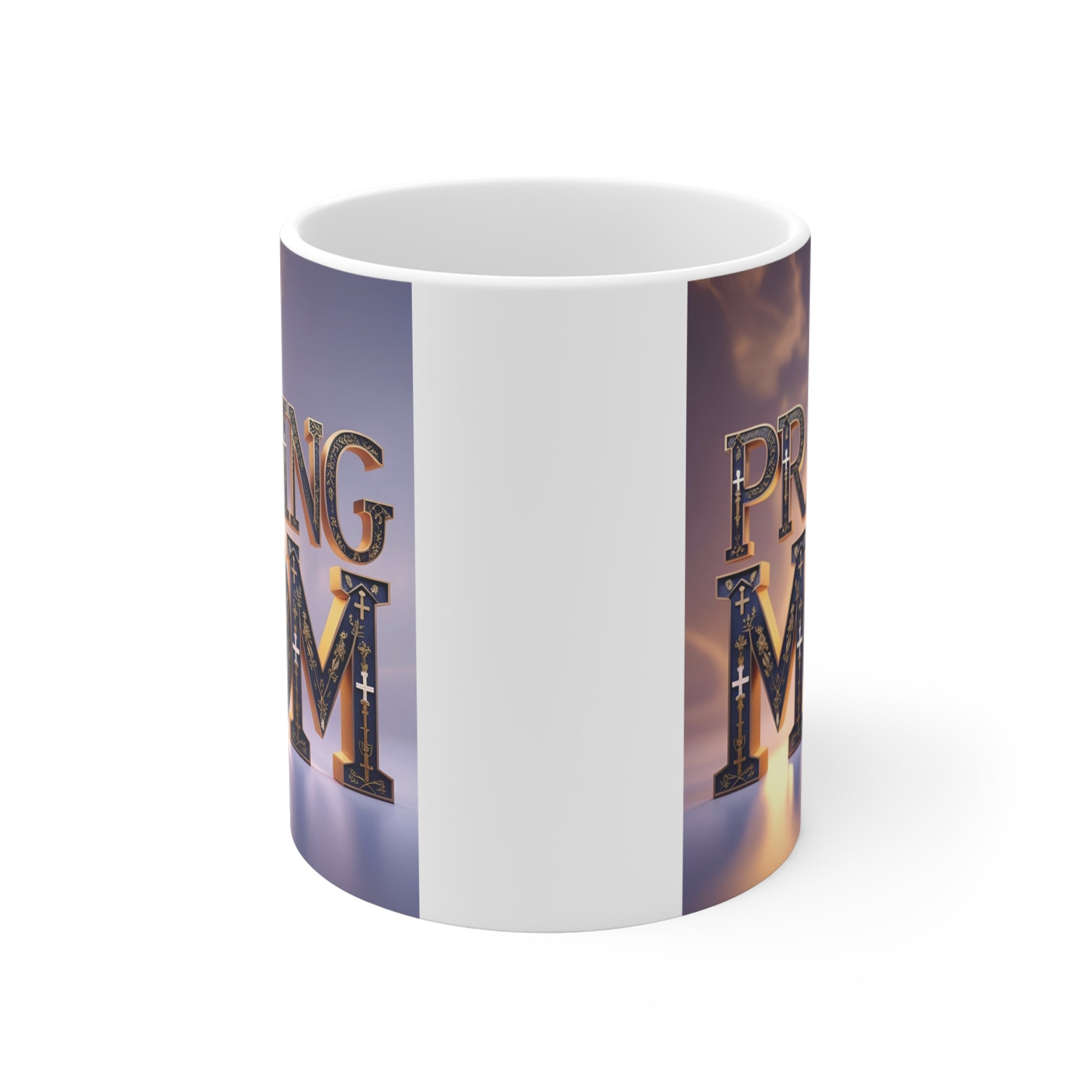 Faith-based mom mug with praying mom text, religious gift idea