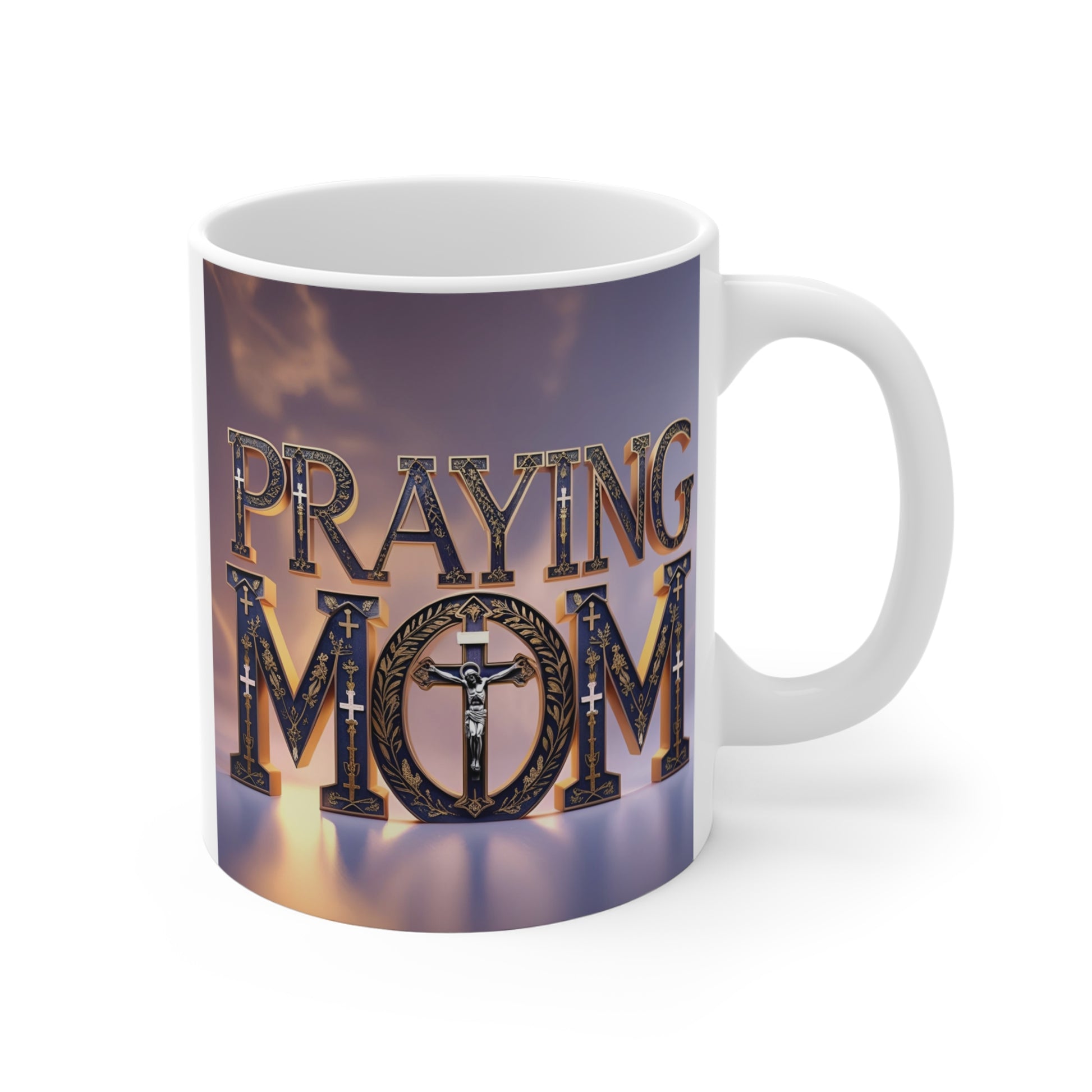Praying Mom coffee mug with cross design, Christian gift for mothers