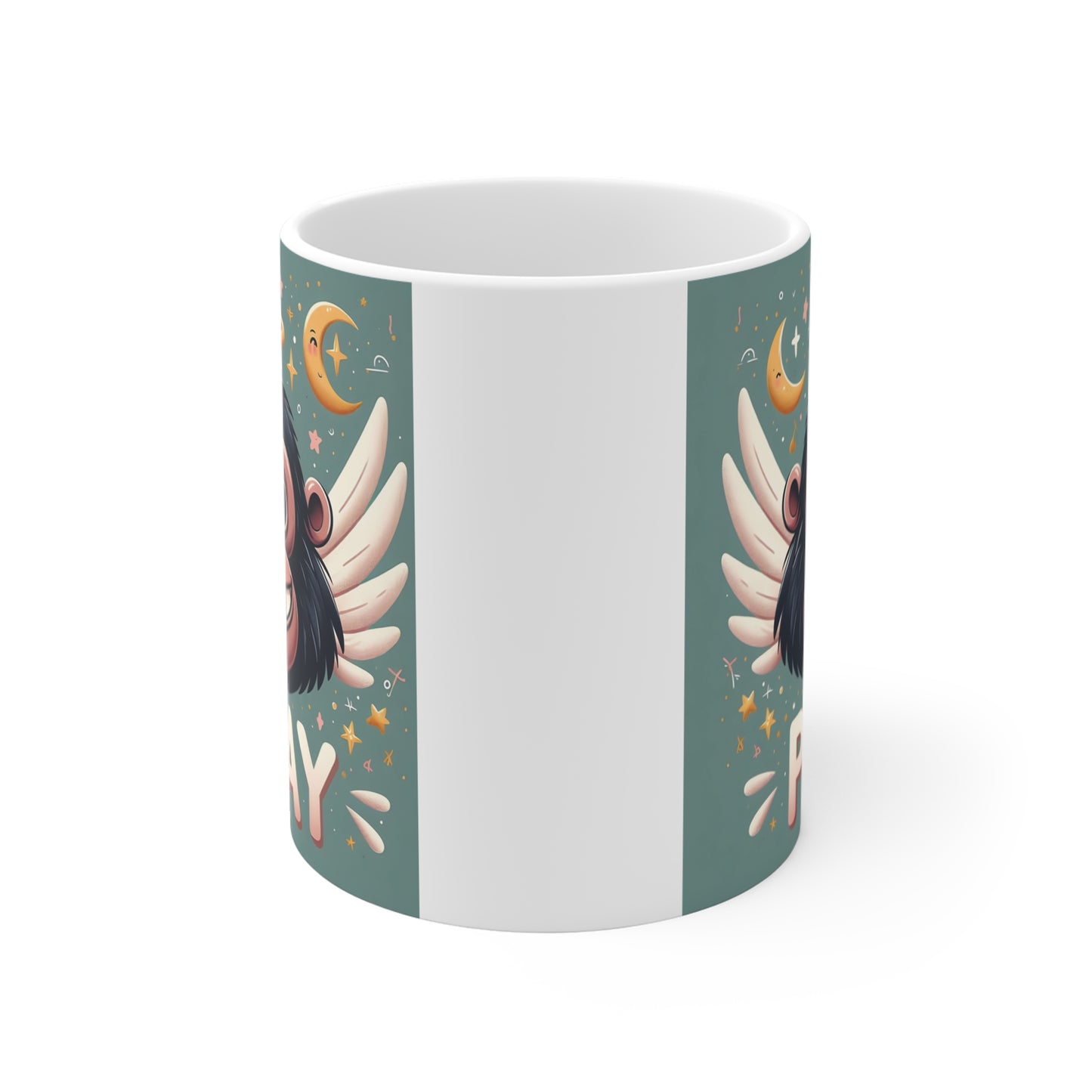 Funny praying gorilla coffee mug featuring adorable angel monkey artwork with stars and moon, inspirational novelty mug design