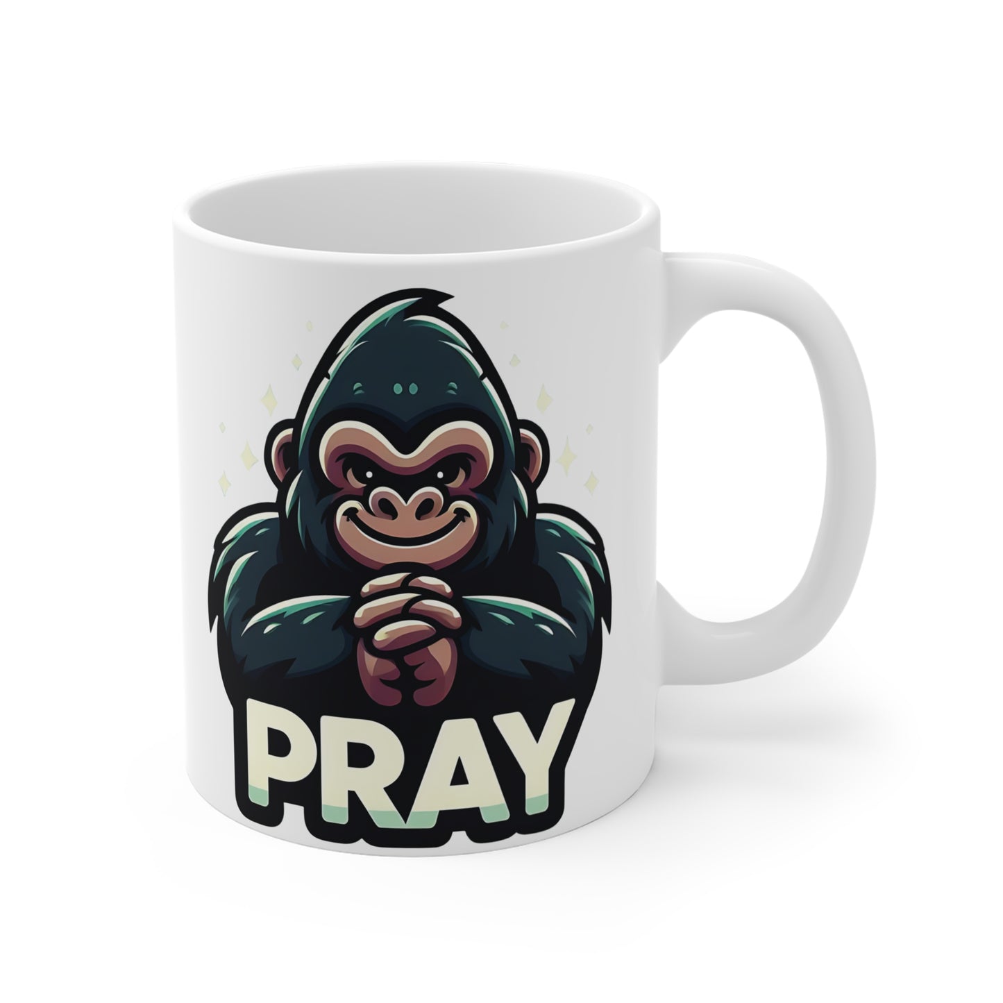 Cute praying gorilla mug with cartoon ape illustration and “PRAY” text on a motivational 11oz ceramic coffee mug