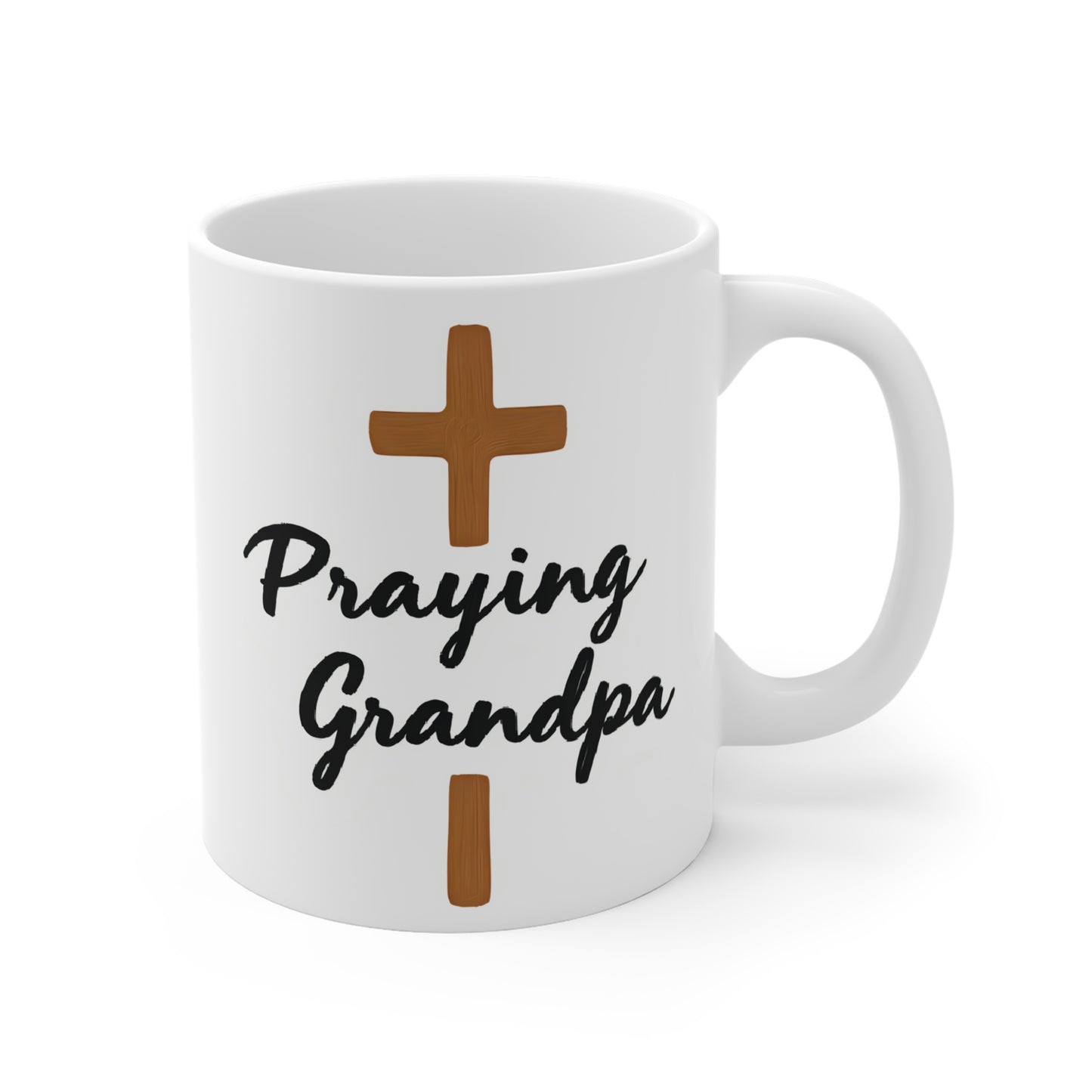 Praying Grandpa 11oz white ceramic coffee mug with Christian cross design and inspirational text