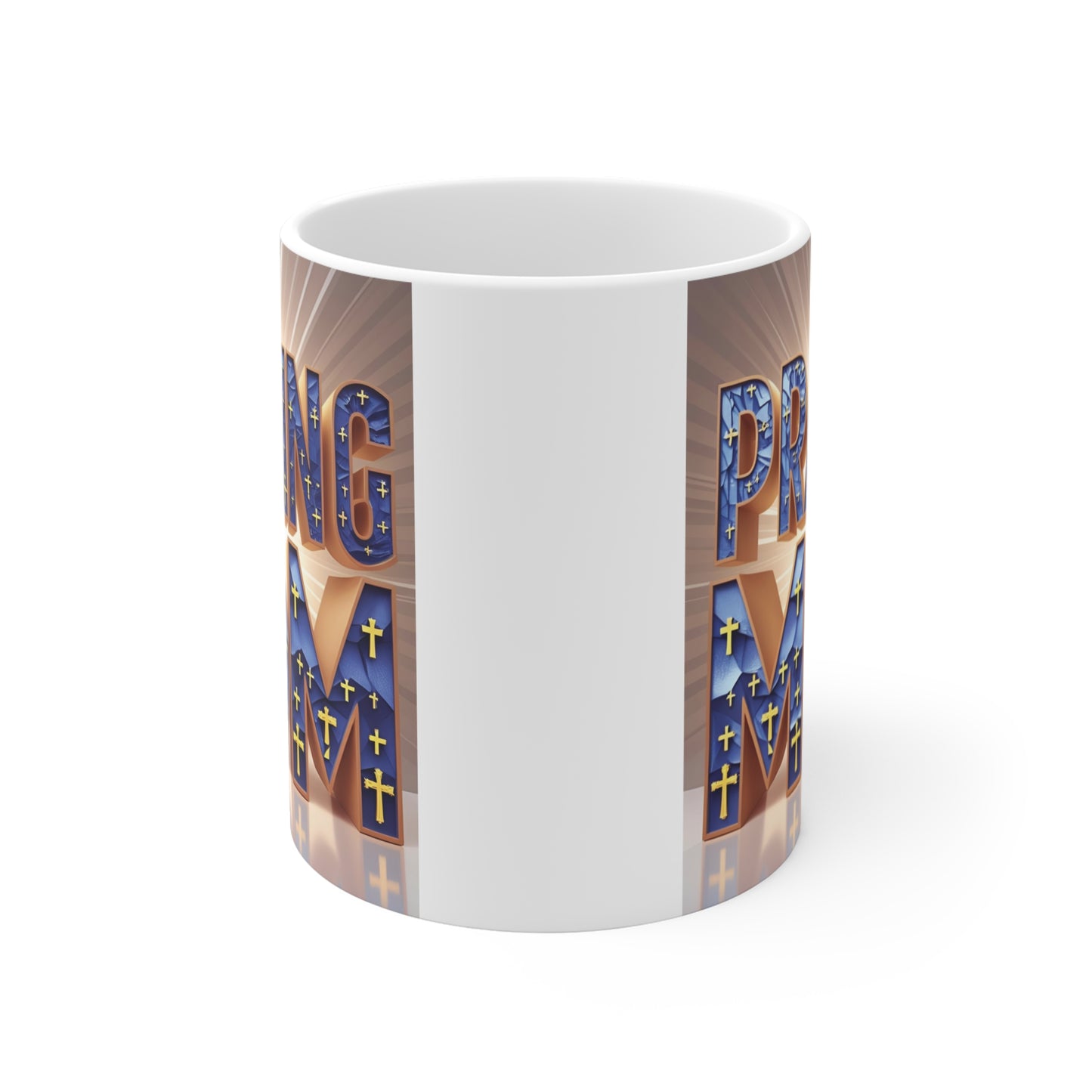 Religious coffee mug for moms featuring praying mom typography and spiritual artwork