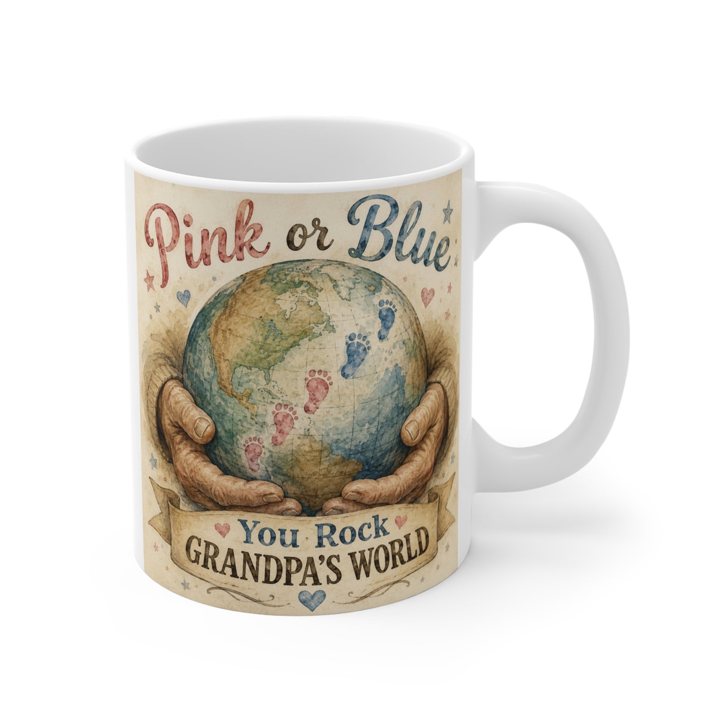Vintage watercolor 11oz ceramic mug featuring grandpa's hands holding a globe with pink and blue baby footprints and the words "Pink or Blue You Rock Grandpa's World," perfect for a pregnancy announcement or gender reveal gift.
