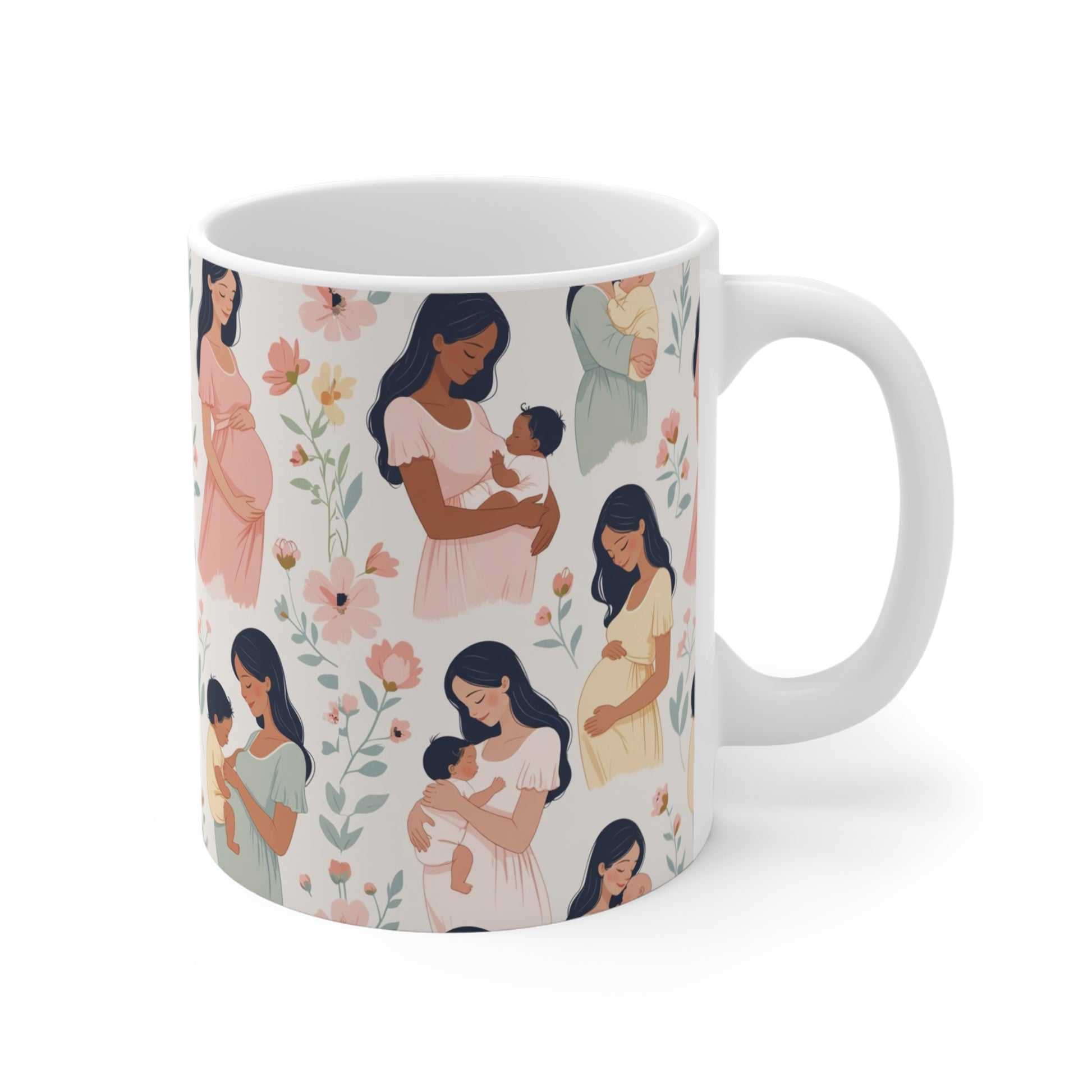 ceramic coffee mug featuring mother and baby illustrations, wraparound design, ideal baby shower and pregnancy gift