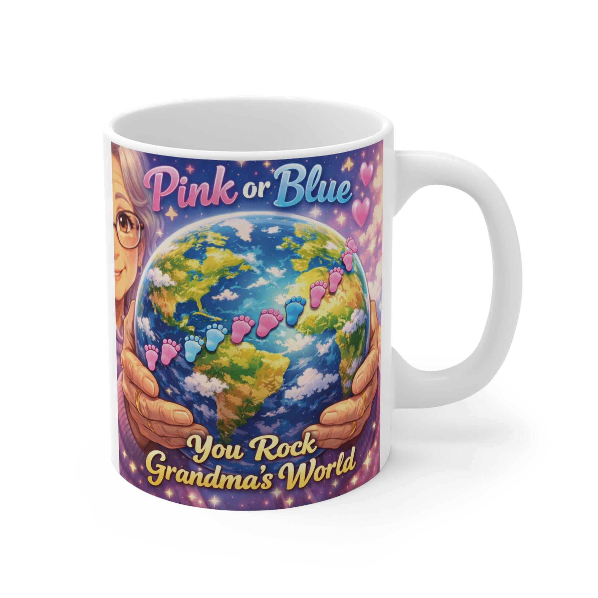 Pink or Blue You Rock Grandma's World 11oz ceramic pregnancy announcement mug for Grandma.