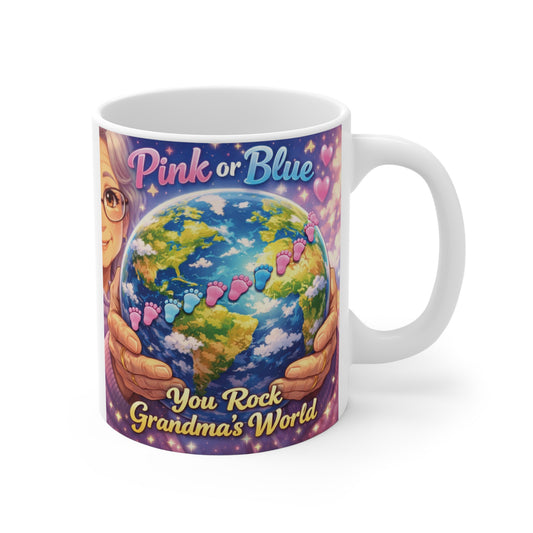 Pink or Blue You Rock Grandma's World 11oz ceramic pregnancy announcement mug for Grandma.