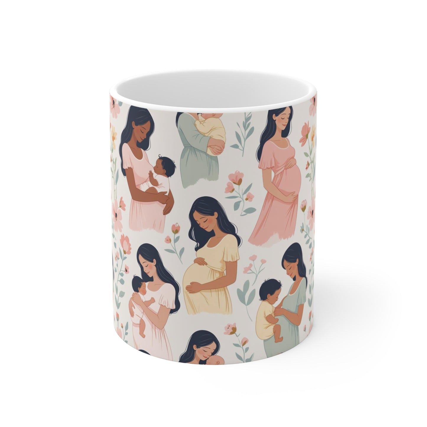 11oz motherhood mug with wrap around pattern of moms holding babies, soft pastel floral illustration, perfect new mom gift