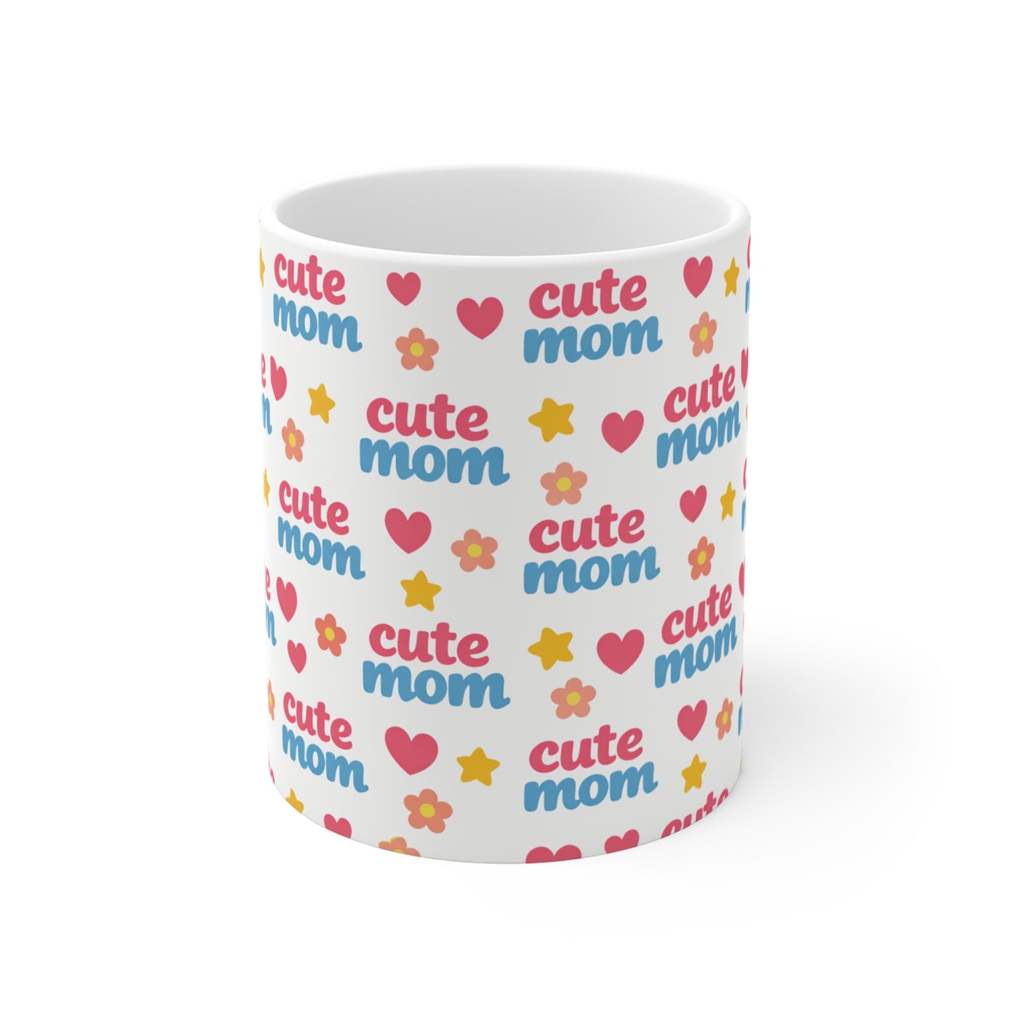 Cute mom mug 11oz with colorful hearts, flowers, and bold “cute mom” text, kawaii mom coffee cup gift for Mother’s Day