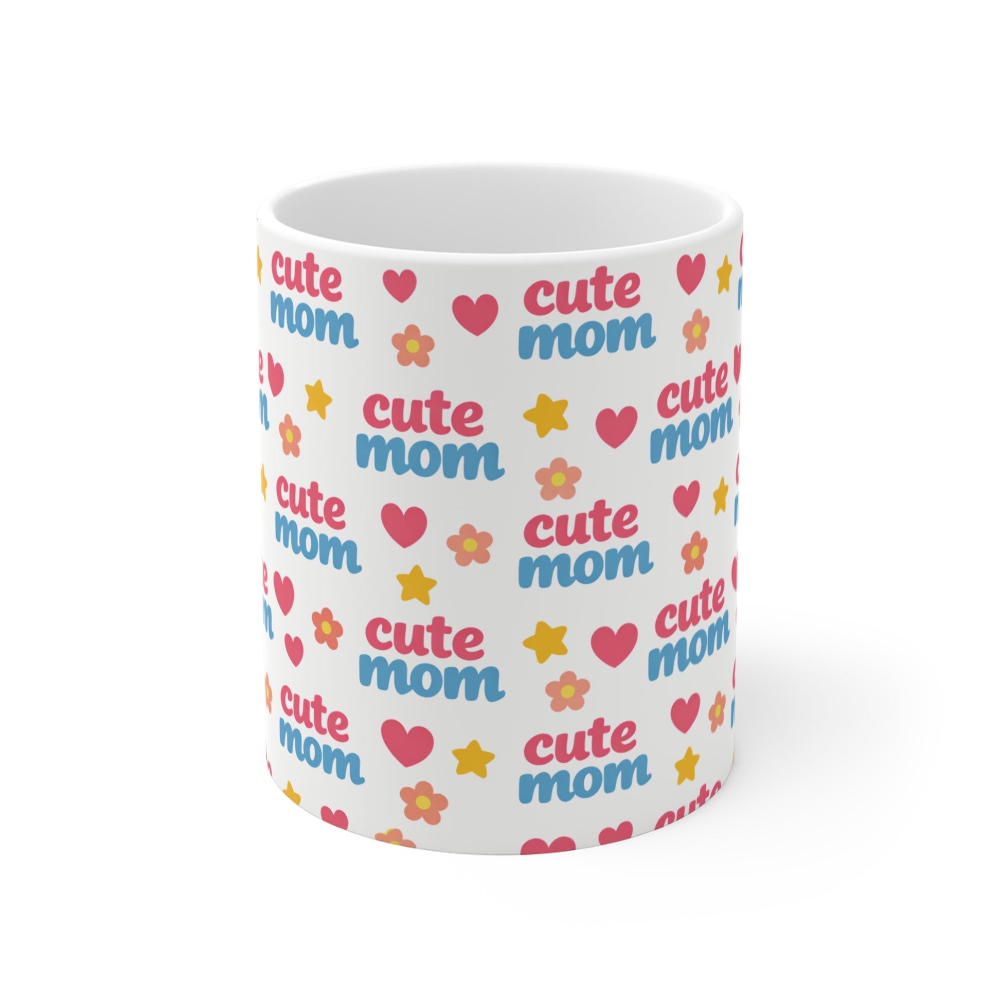 Cute mom mug 11oz with colorful hearts, flowers, and bold “cute mom” text, kawaii mom coffee cup gift for Mother’s Day