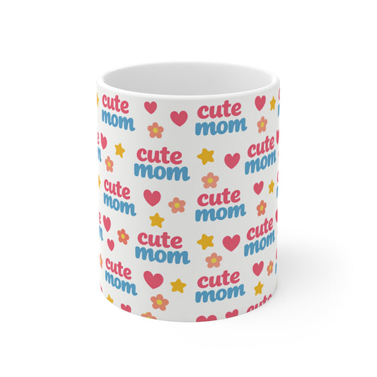 Cute mom mug 11oz with colorful hearts, flowers, and bold “cute mom” text, kawaii mom coffee cup gift for Mother’s Day