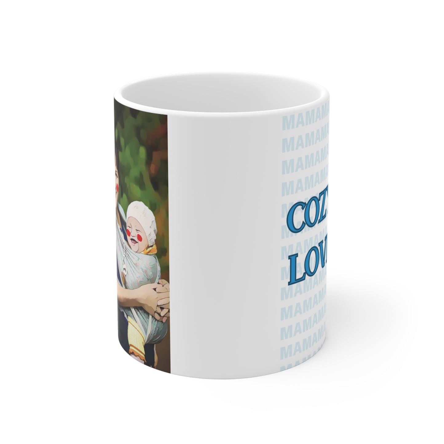 Cute mom and baby coffee mug featuring ‘Cozy Love’ text, cozy motherhood theme and heartwarming illustration