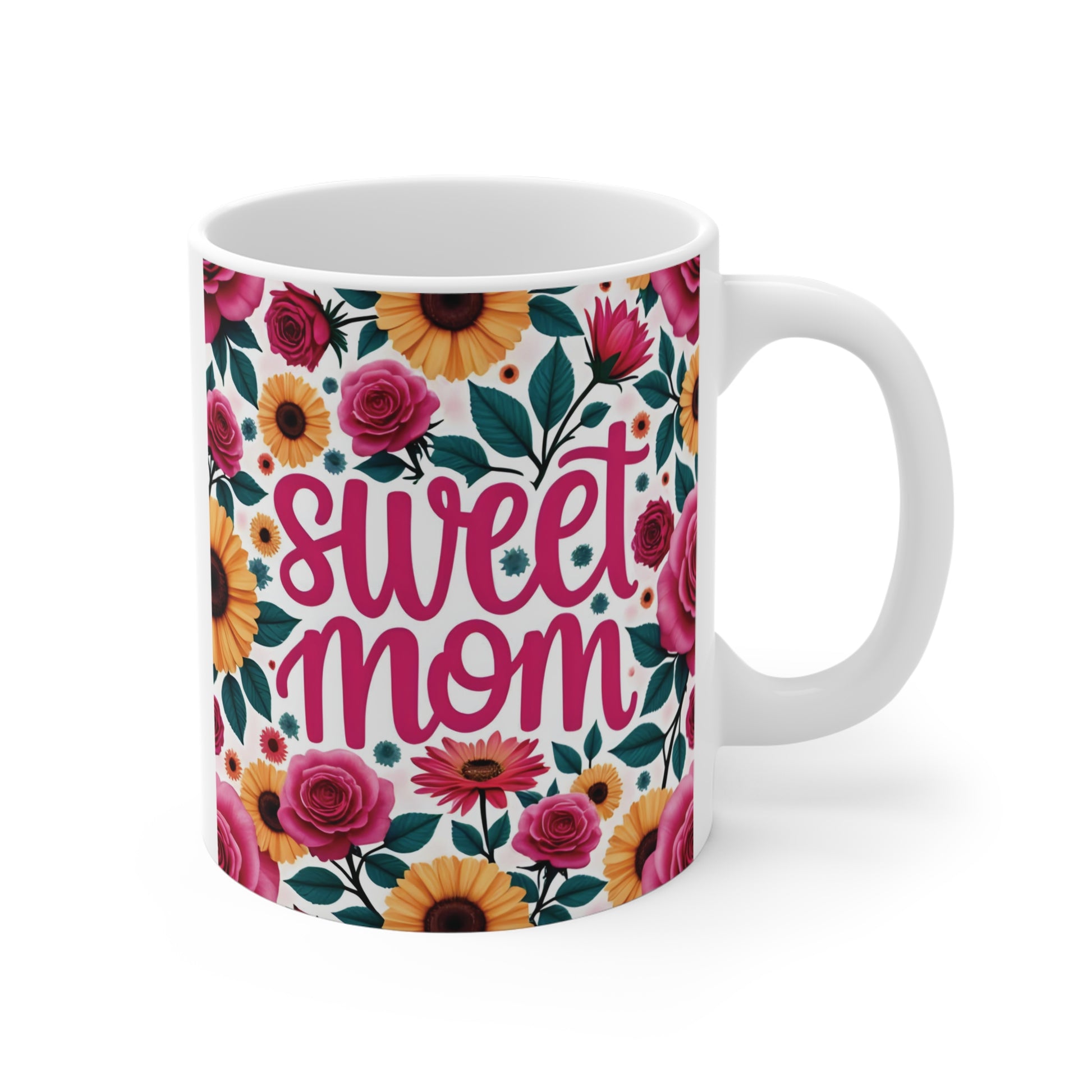 Sweet Mom floral coffee mug with colorful flower design on 11oz ceramic cup
