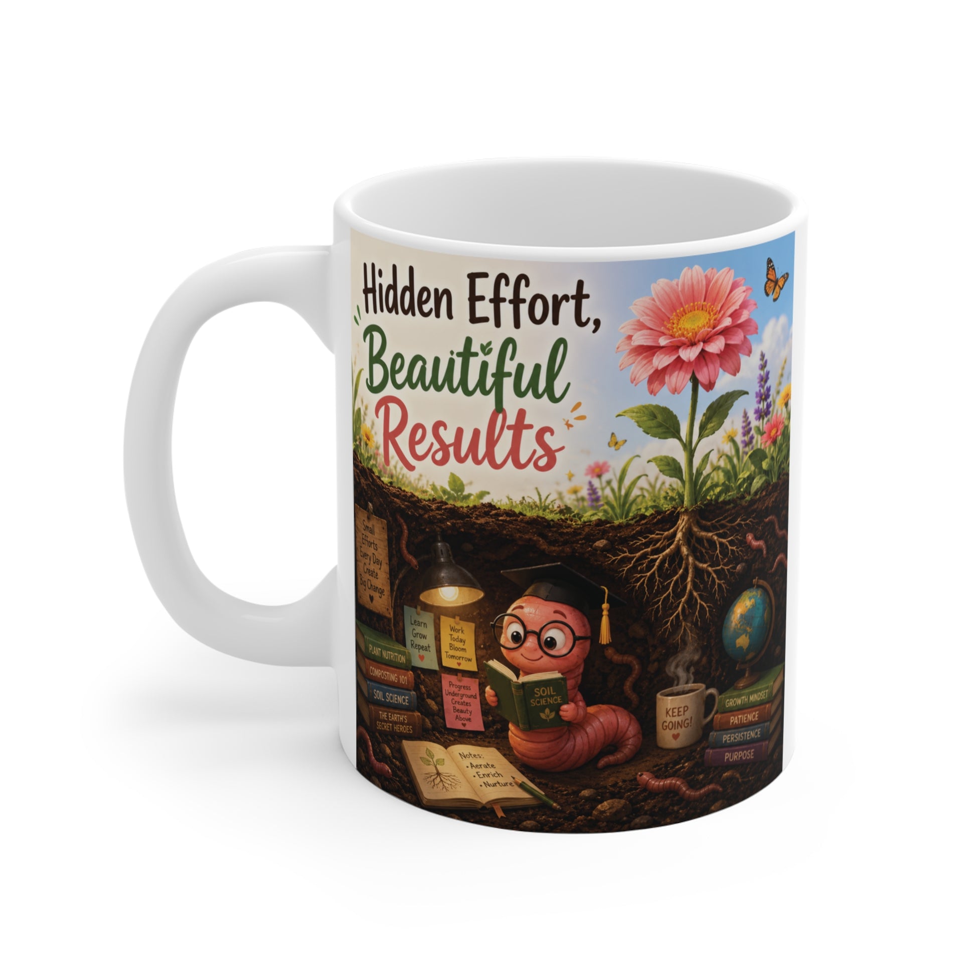 Teacher and student gift mug showing hidden roots, flowers, books, and a study worm design symbolizing perseverance and growth.