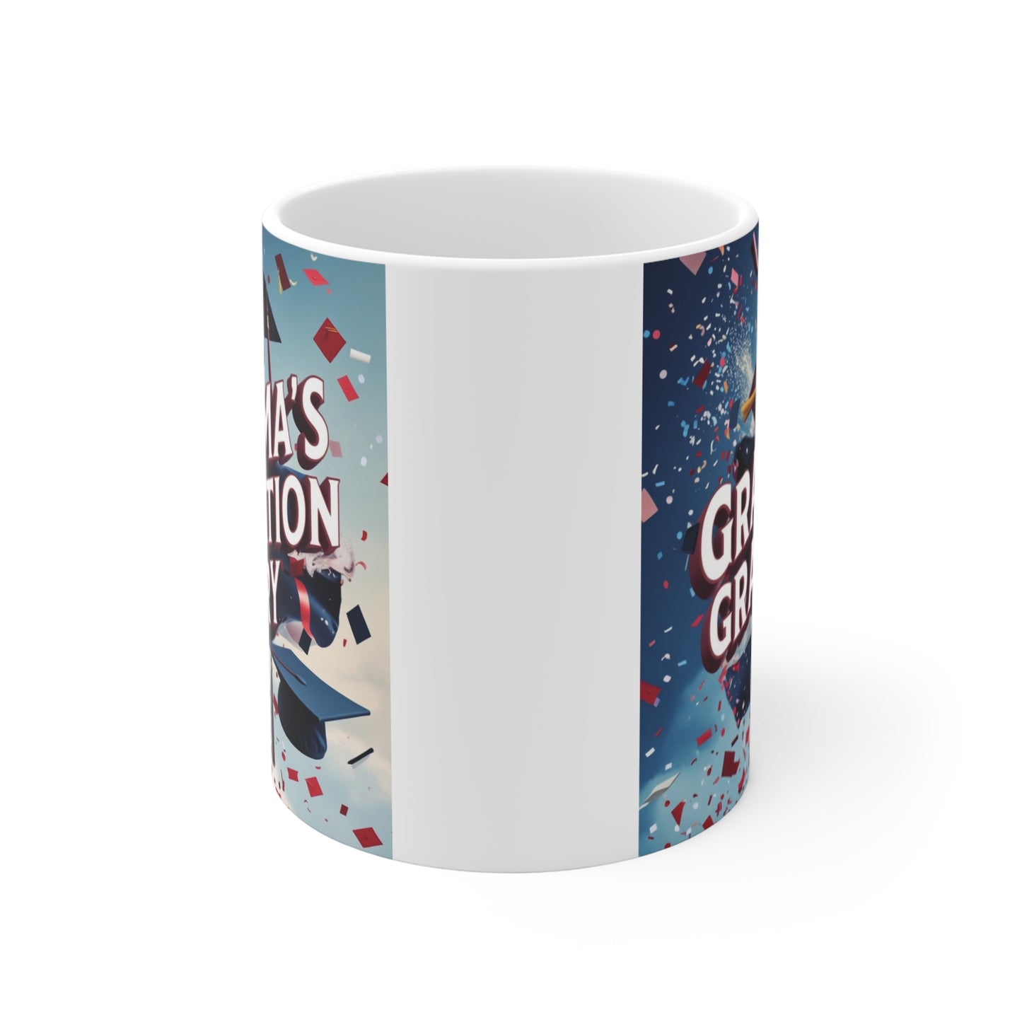 Ceramic coffee mug for Grandma graduate with festive graduation artwork and colorful confetti design.