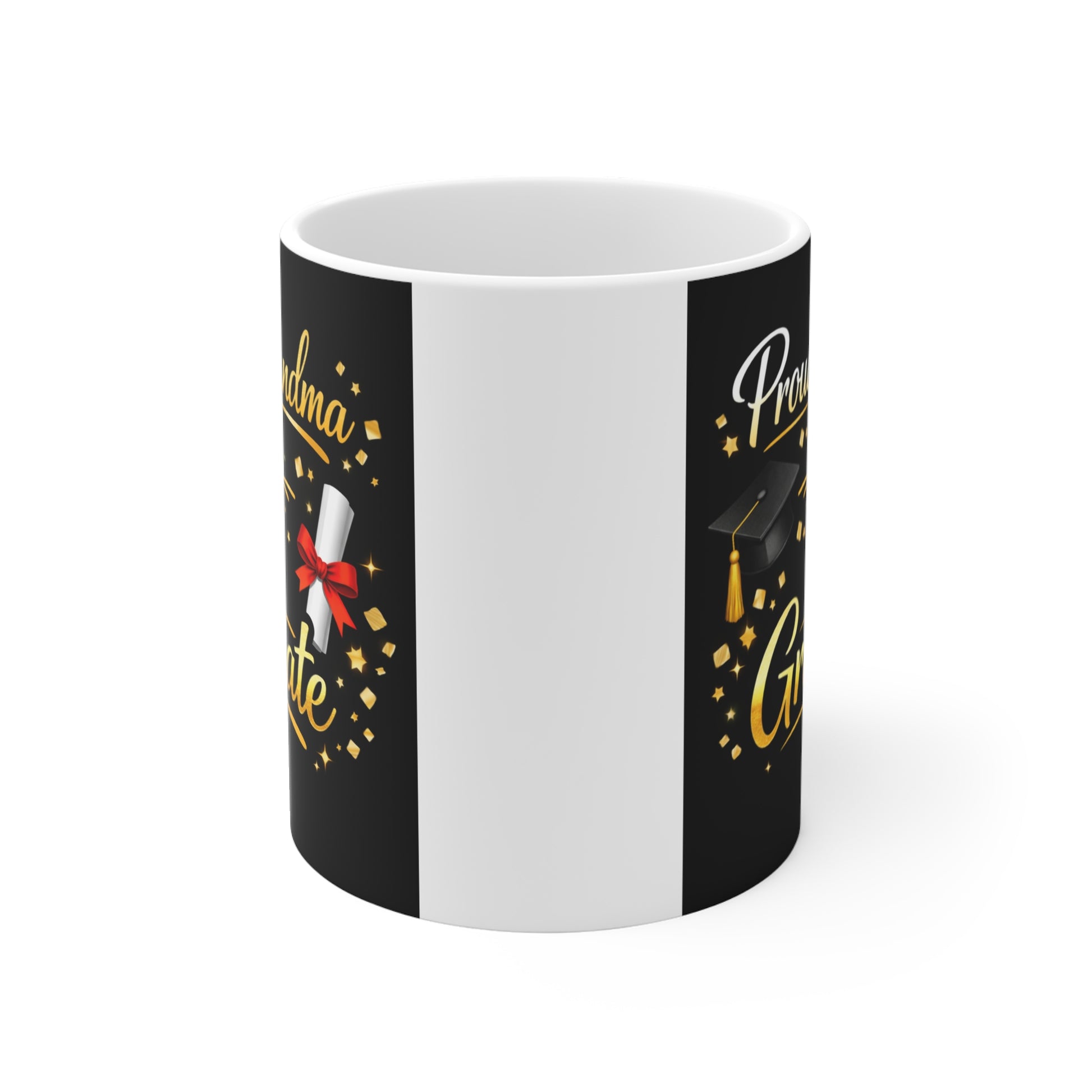 Graduation gift mug for grandma with "Proud Grandma of a Graduate" design, graduation cap, diploma, and gold celebration accents on a black ceramic coffee mug.
