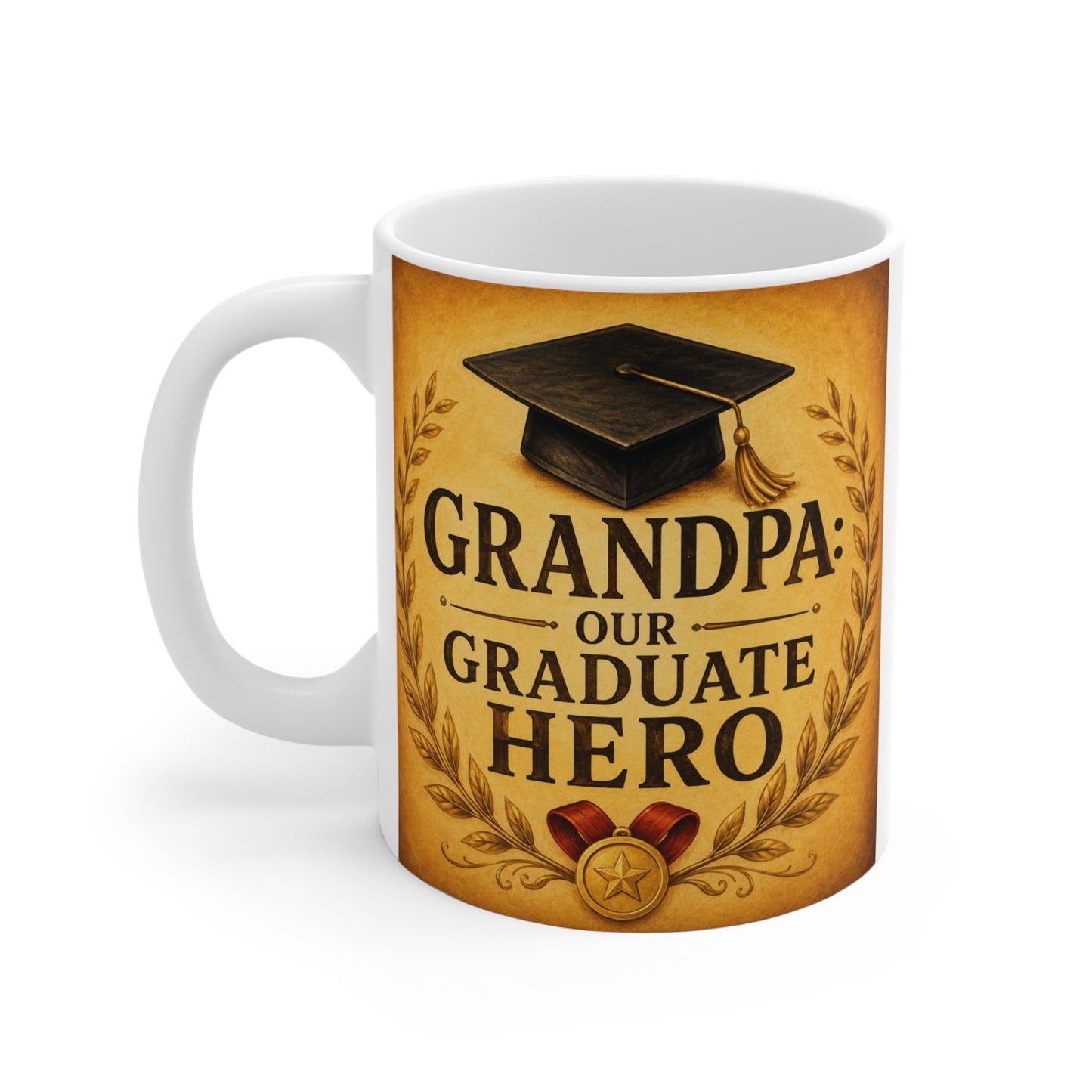 Award-style graduation coffee mug for proud grandfathers with a graduation cap, laurel wreath, antique gold background, and bold "Grandpa Our Graduate Hero" lettering.