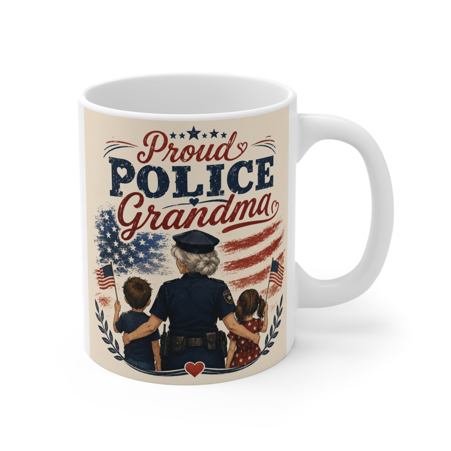 Proud Police Grandma 11oz ceramic coffee mug featuring police officer with children and American flag illustration.