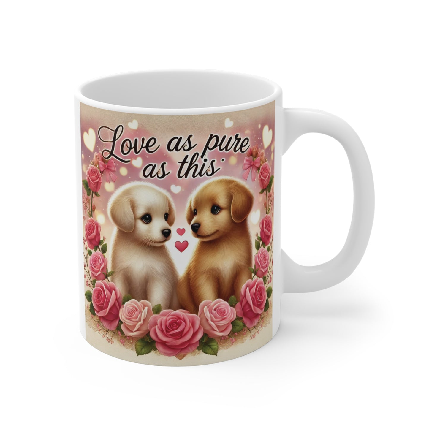 White ceramic mug featuring two cute puppies surrounded by pink roses and hearts with text 'Love as pure as this'