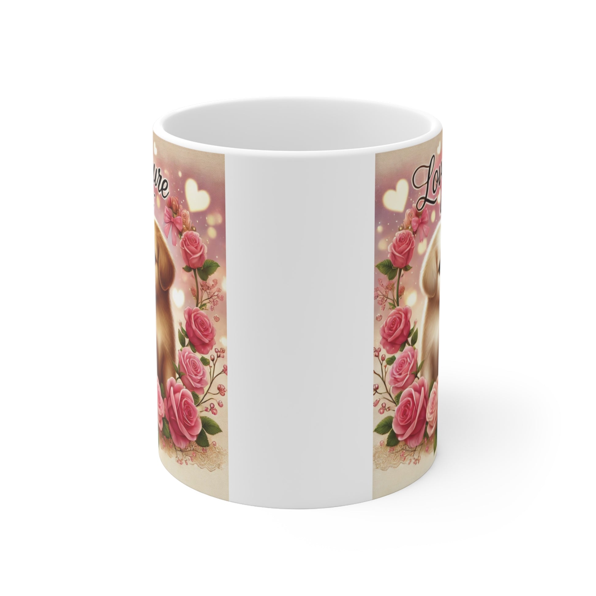 Romantic dog-themed coffee mug showing adorable puppies with floral decorations and loving message 'Love as pure as this