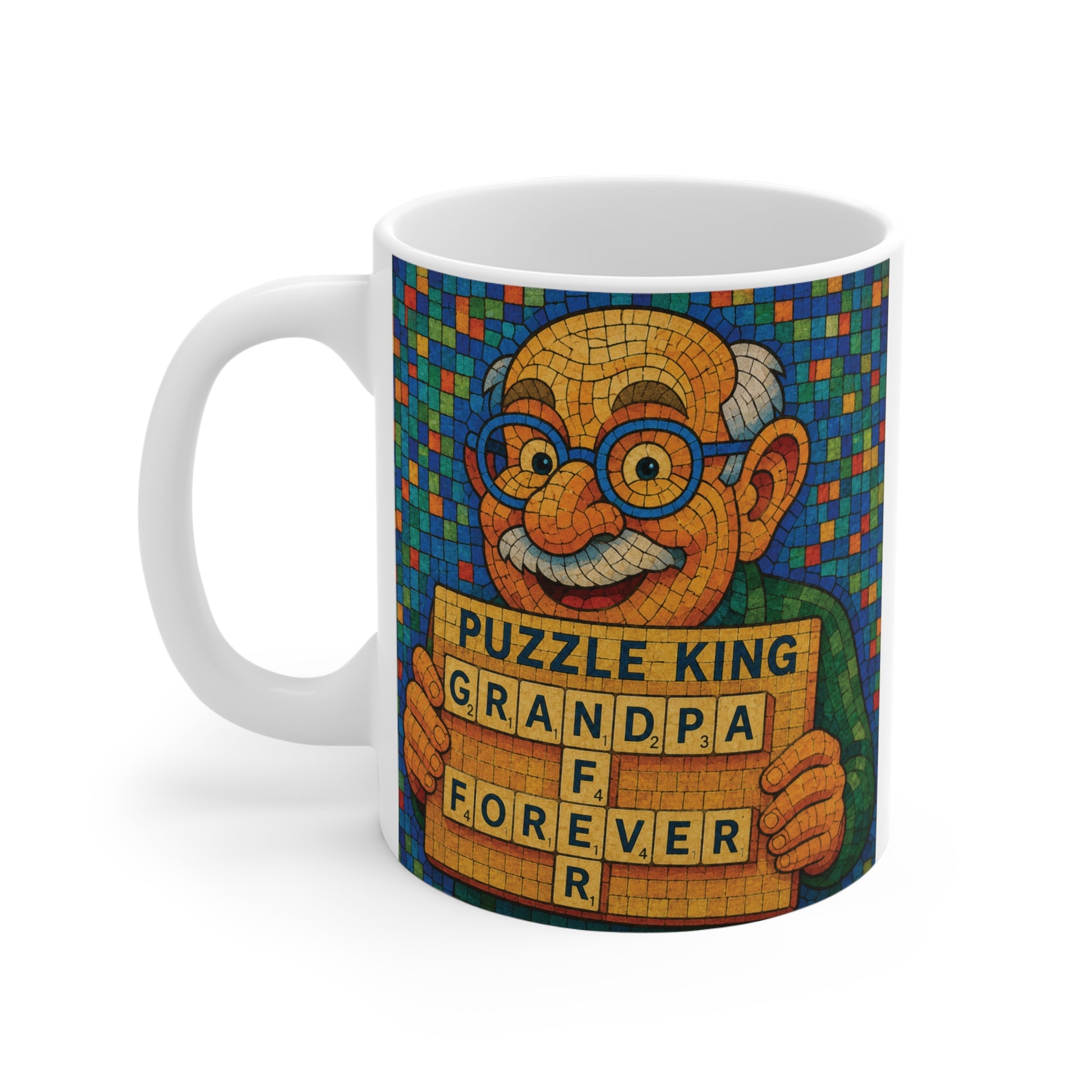 11oz ceramic Puzzle King Grandpa Forever mug featuring vibrant stained-glass style artwork for puzzle lovers, word game fans, and grandfathers.