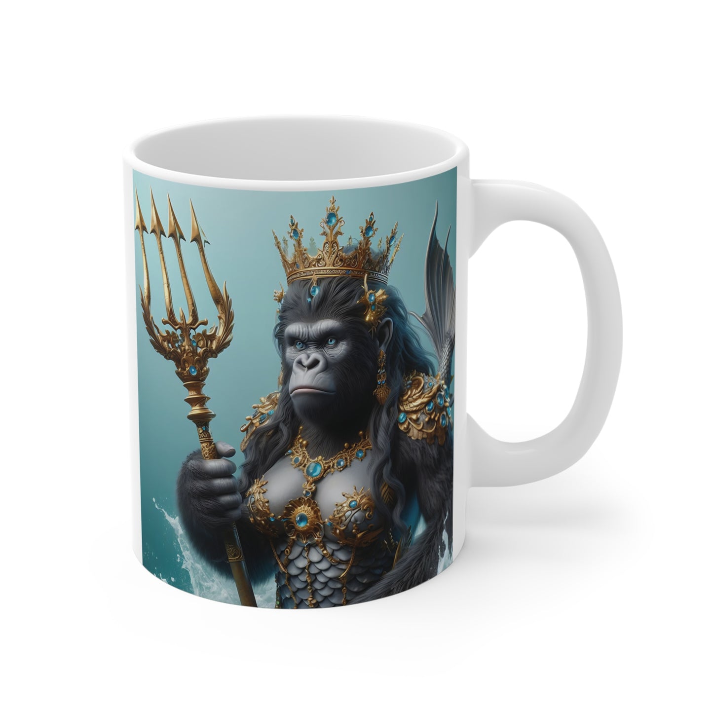White ceramic mug featuring a regal gorilla mermaid queen wearing a jeweled crown and holding a golden trident in an ocean-inspired fantasy scene.