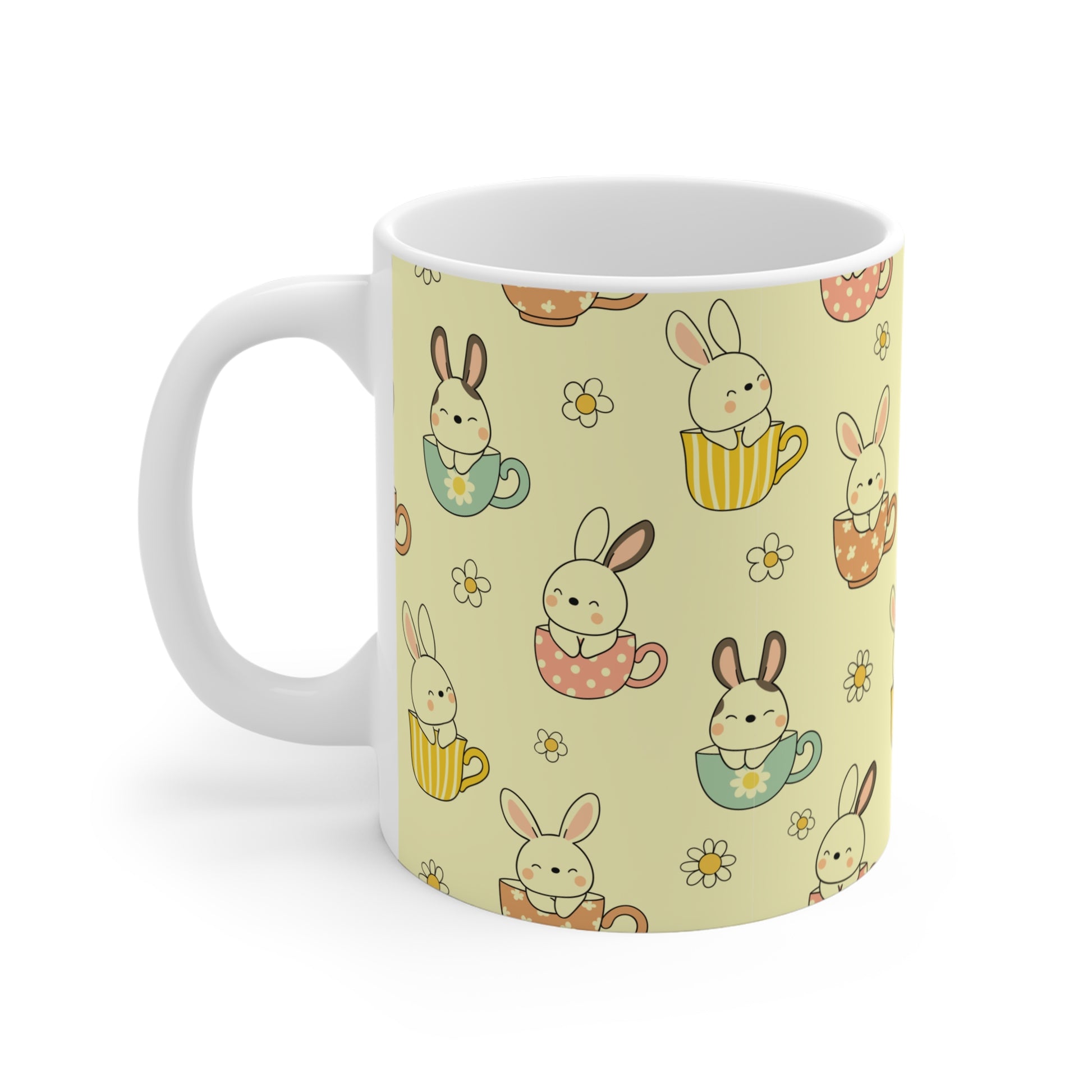 Kawaii rabbit wraparound mug design featuring bunnies in colorful teacups with daisy pattern, playful pastel style