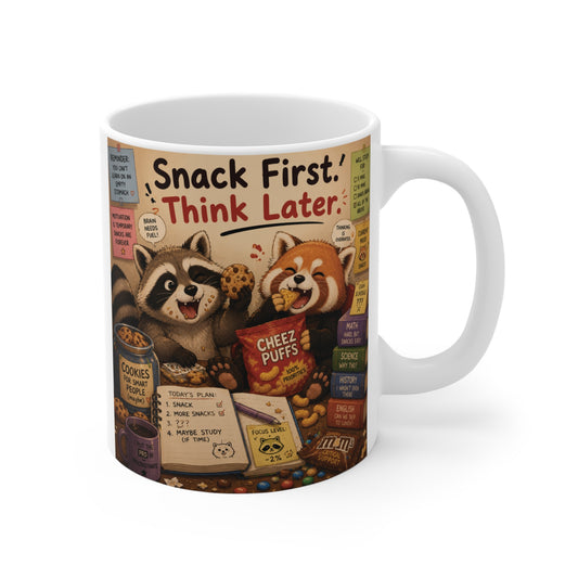 Funny raccoon and red panda ceramic mug with “Snack First. Think Later.” quote