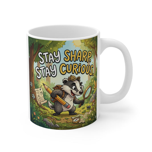Cute raccoon explorer holding magnifying glass on Stay Sharp Stay Curious ceramic coffee mug
