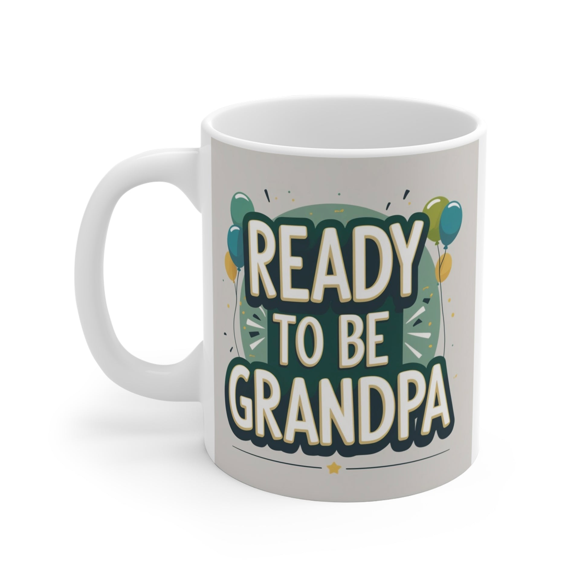 Ceramic Ready To Be Grandpa mug with decorative lettering, thoughtful gift for first-time grandfathers and pregnancy announcement celebrations.