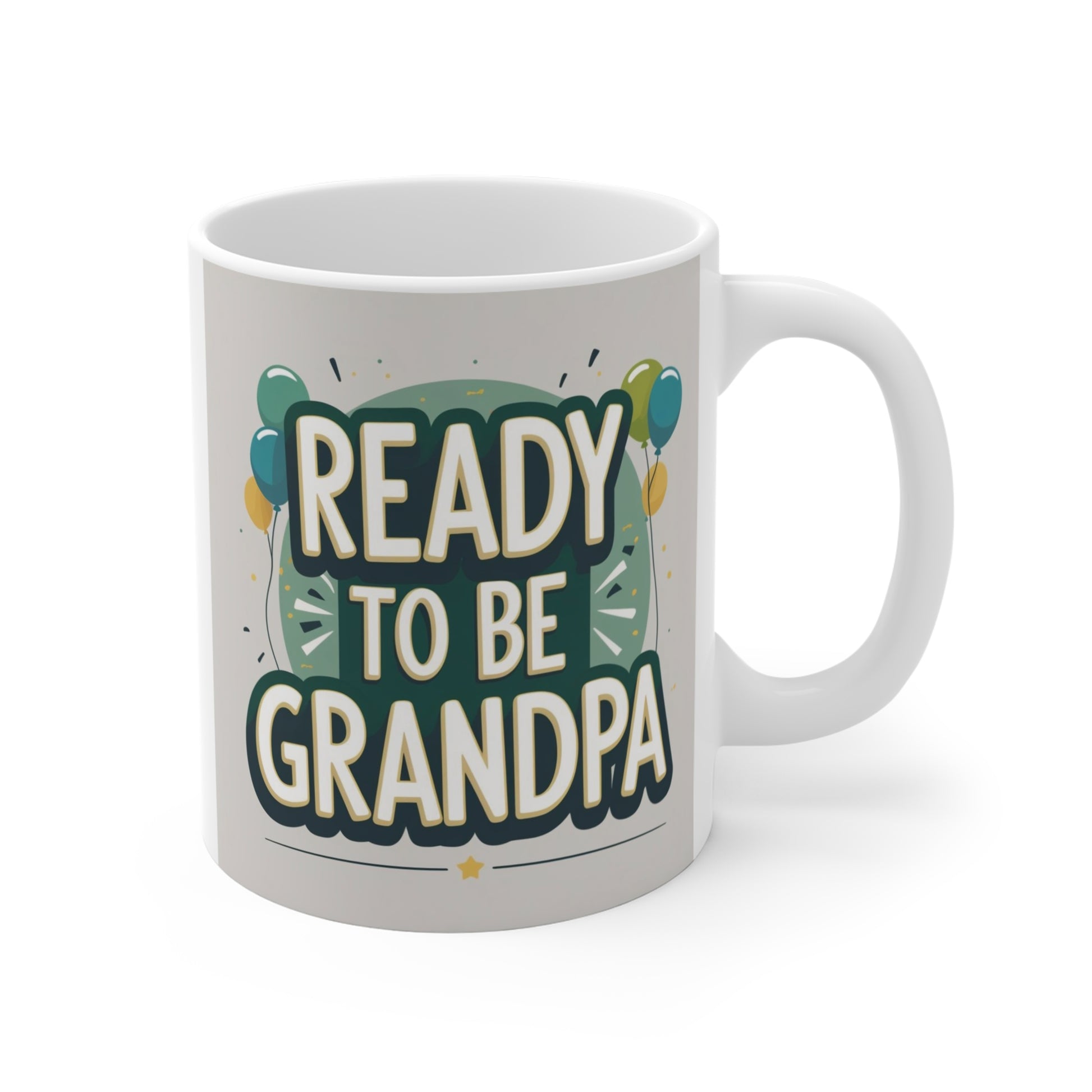 White ceramic 11oz coffee mug with Ready To Be Grandpa text design, perfect pregnancy announcement gift for an expecting grandfather.