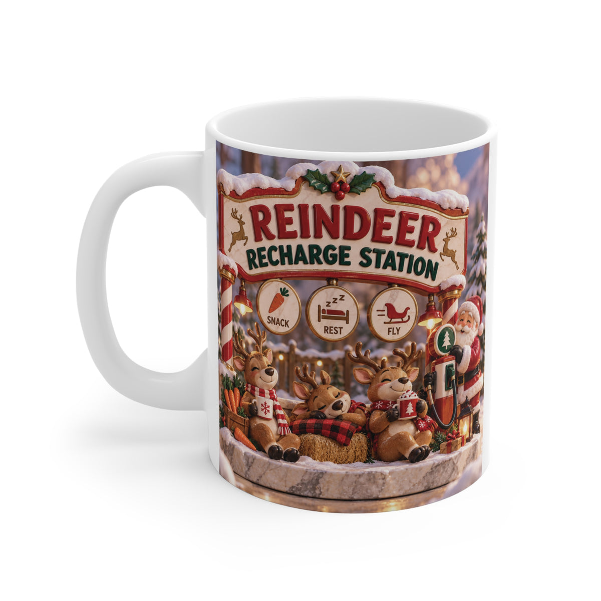 Festive 11oz reindeer Christmas mug with adorable reindeer, snowy holiday details and Reindeer Recharge Station artwork.