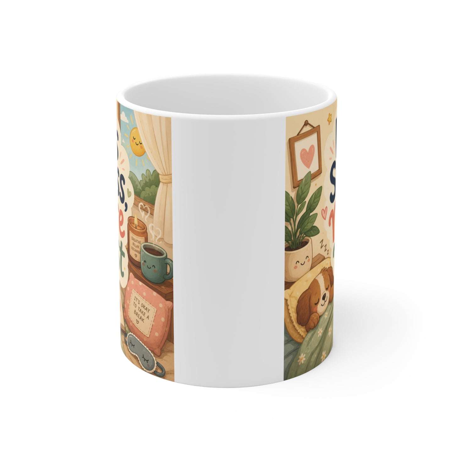 Inspirational self-care coffee mug with "Less Stress More Rest" message, surrounded by relaxing wellness-themed artwork including books, flowers, and cozy decor.