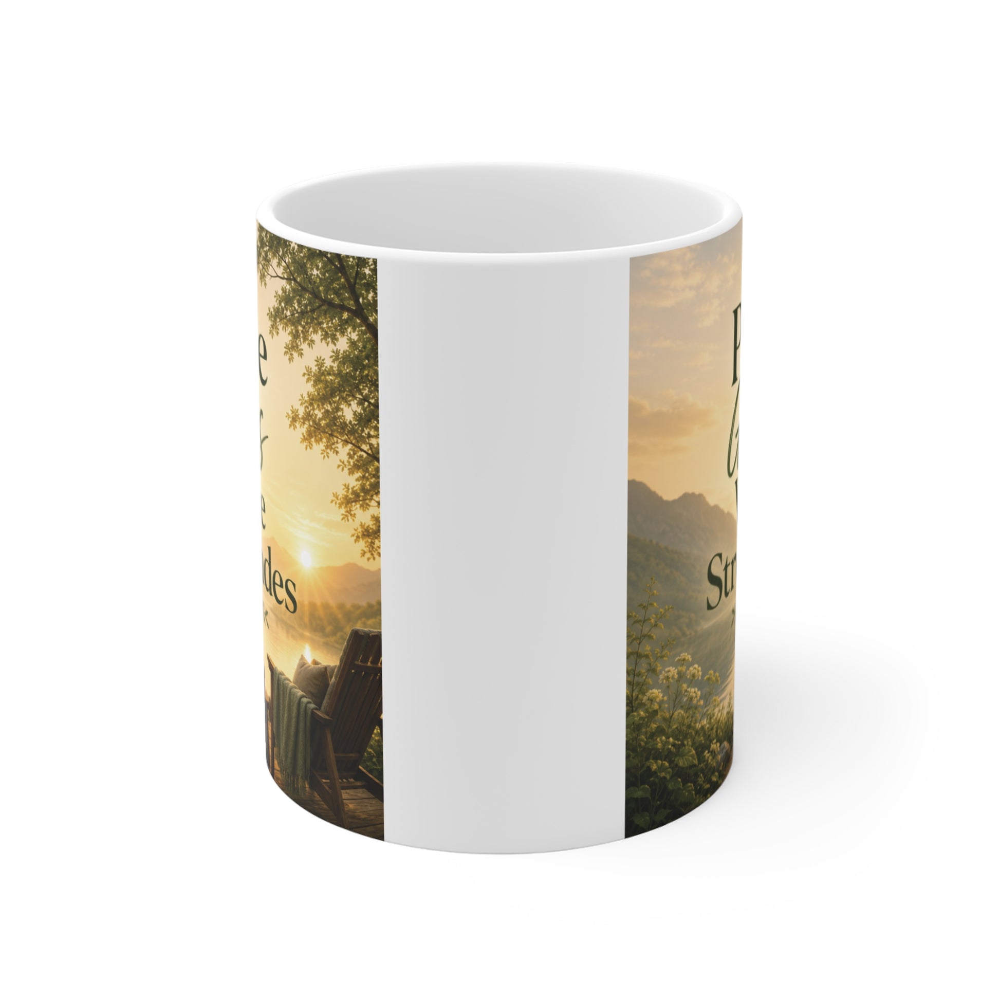11oz motivational coffee mug featuring calming nature artwork and stress relief quote