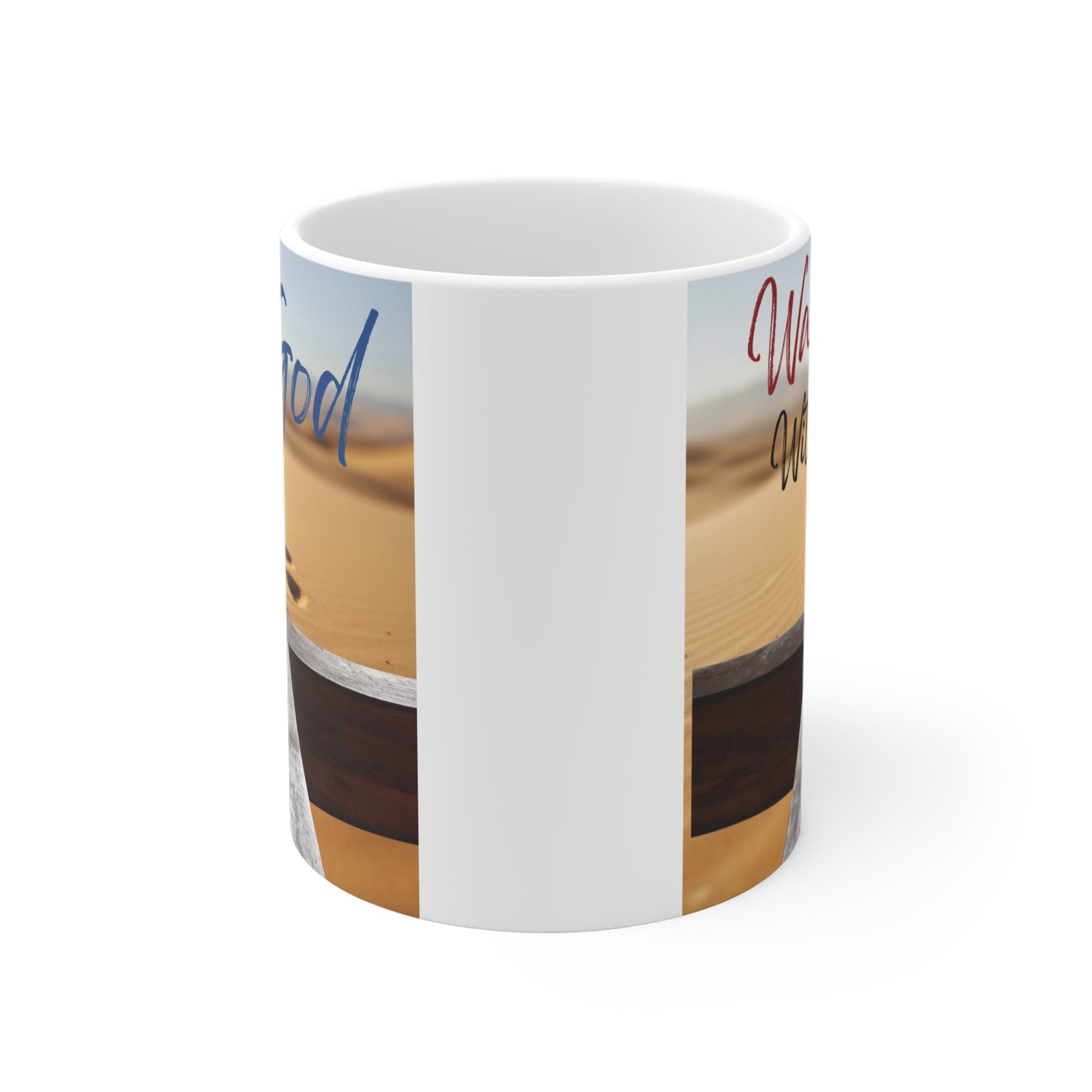 Faith-based coffee mug featuring sandy desert scene with footprints and motivational “Walk With God” message