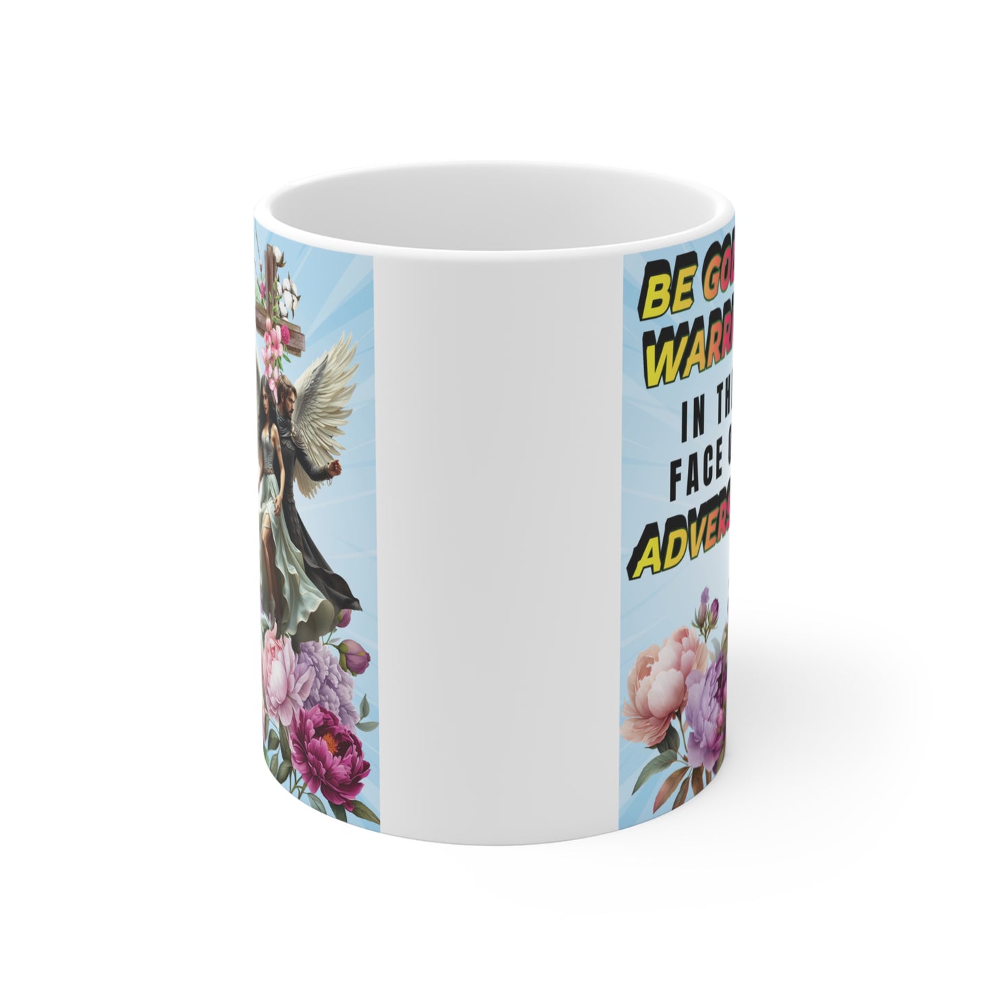 Faith-based coffee mug featuring warrior angels, cross with flowers, and motivational Christian message for strength and courage