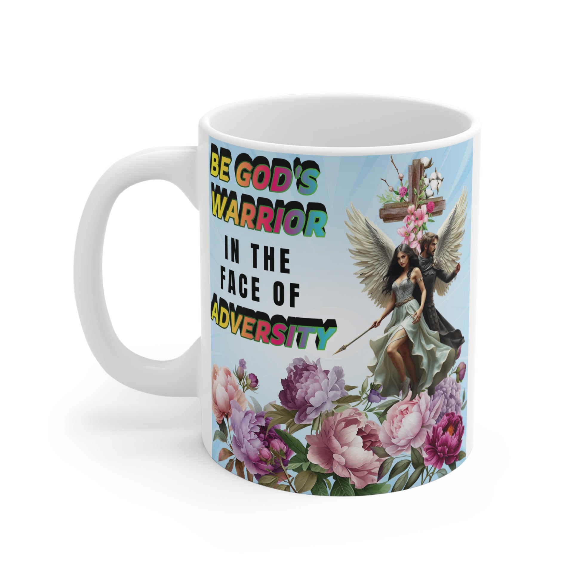 Religious gift mug with angelic warriors, peony flowers, and uplifting Bible-inspired quote about overcoming adversity
